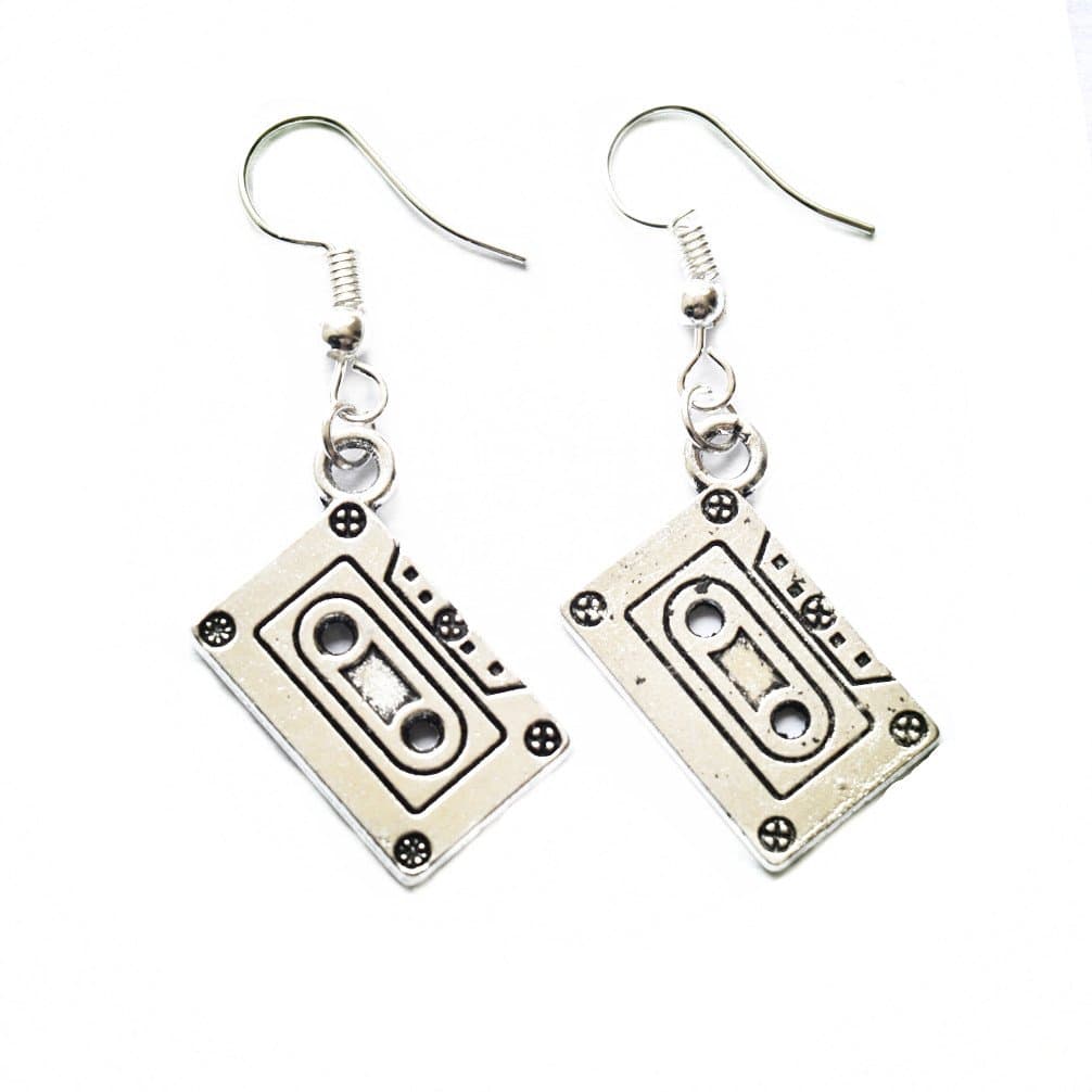 Cassette Earrings - Retro Mixtape Funky Jewelry - White Cubic Zirconia Stones - Adult Female - 1 Count