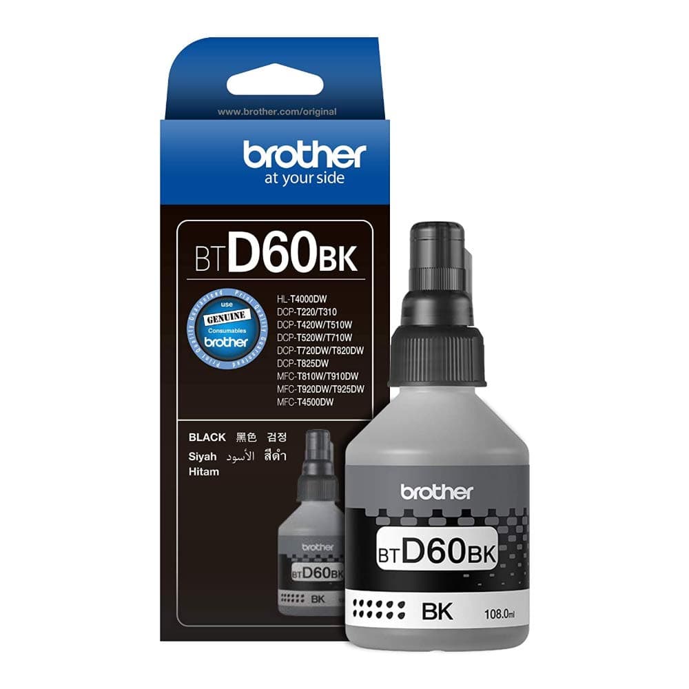 Brother Genuine BTD60BK Ultra High Yield Black Ink Bottle for Ink Tank Printers, 108 ml