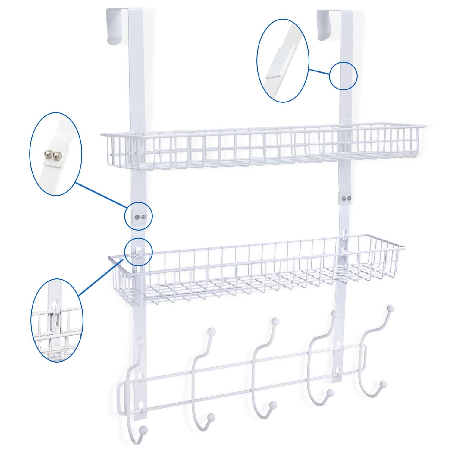 KEIMIX Coat Rack, Over The Door Hanger with Mesh Basket, Detachable Storage Shelf for Towels, Hats, Handbags, Coats