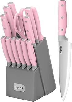 hecef Kitchen Knife Block Set, 14 Pieces Knife Set with Wooden Block & Sharpener Steel & All-purpose Scissors, High Carbon Stainless Steel Cutlery Set (Pink)