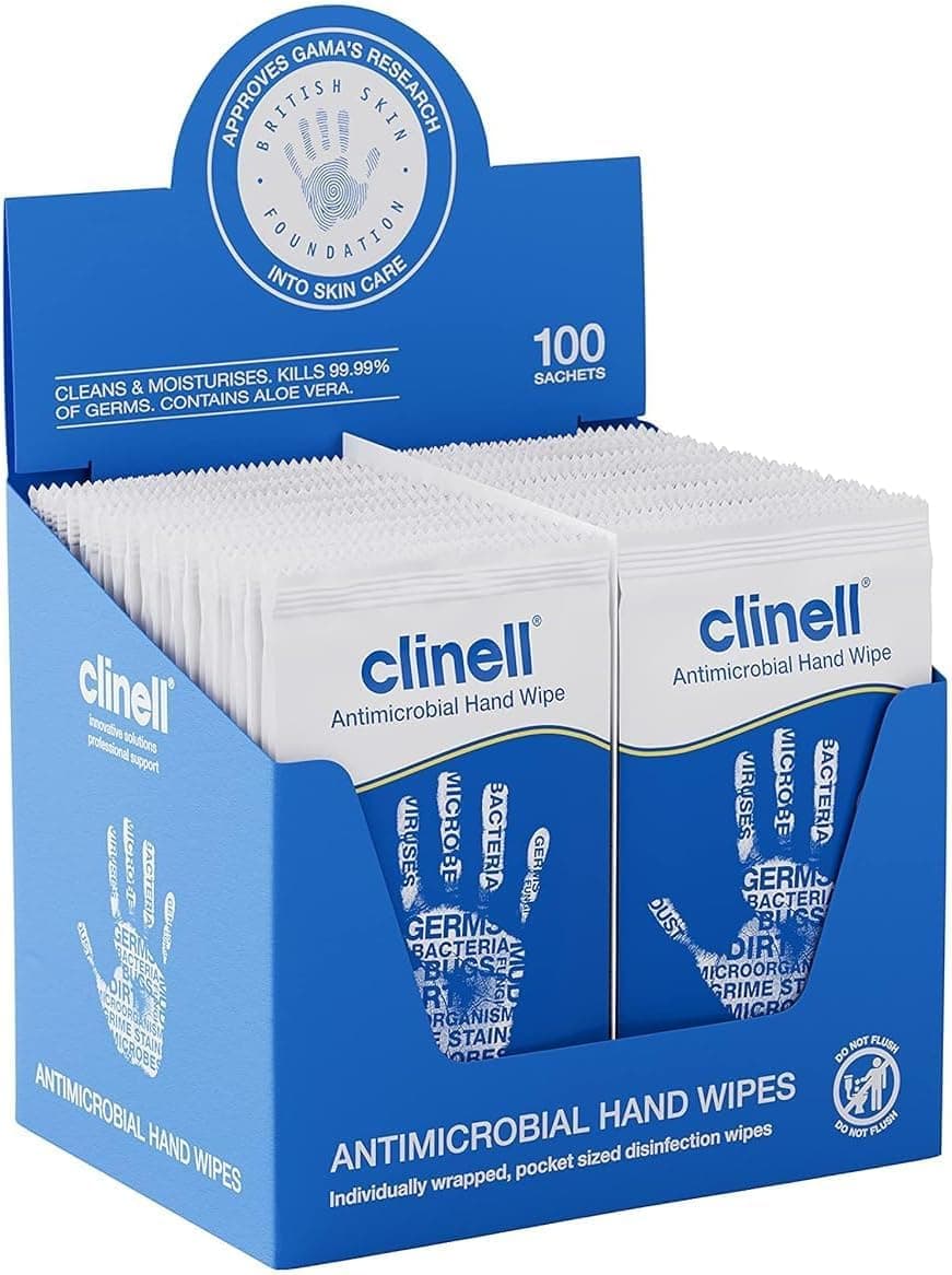 Clinell Antimicrobial Hand Wipes, Sanitising Wipes, Ideal for Travel (Pack of 100 Sachets)