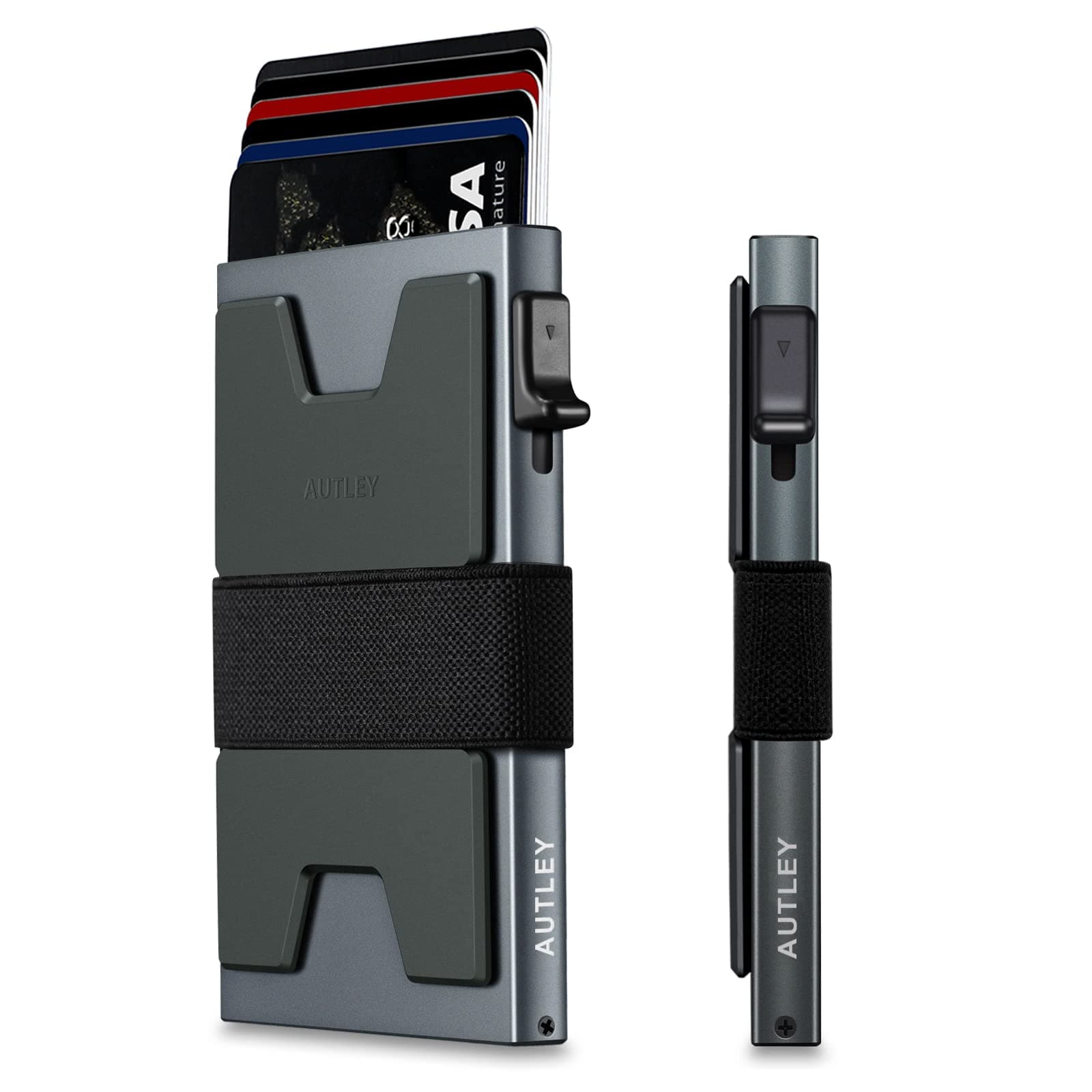 AUTLEY Slim Wallet for Men, RFID Blocking Mens Wallet, Pop Up Credit Card Holder Wallet with Cash Band (Grey)