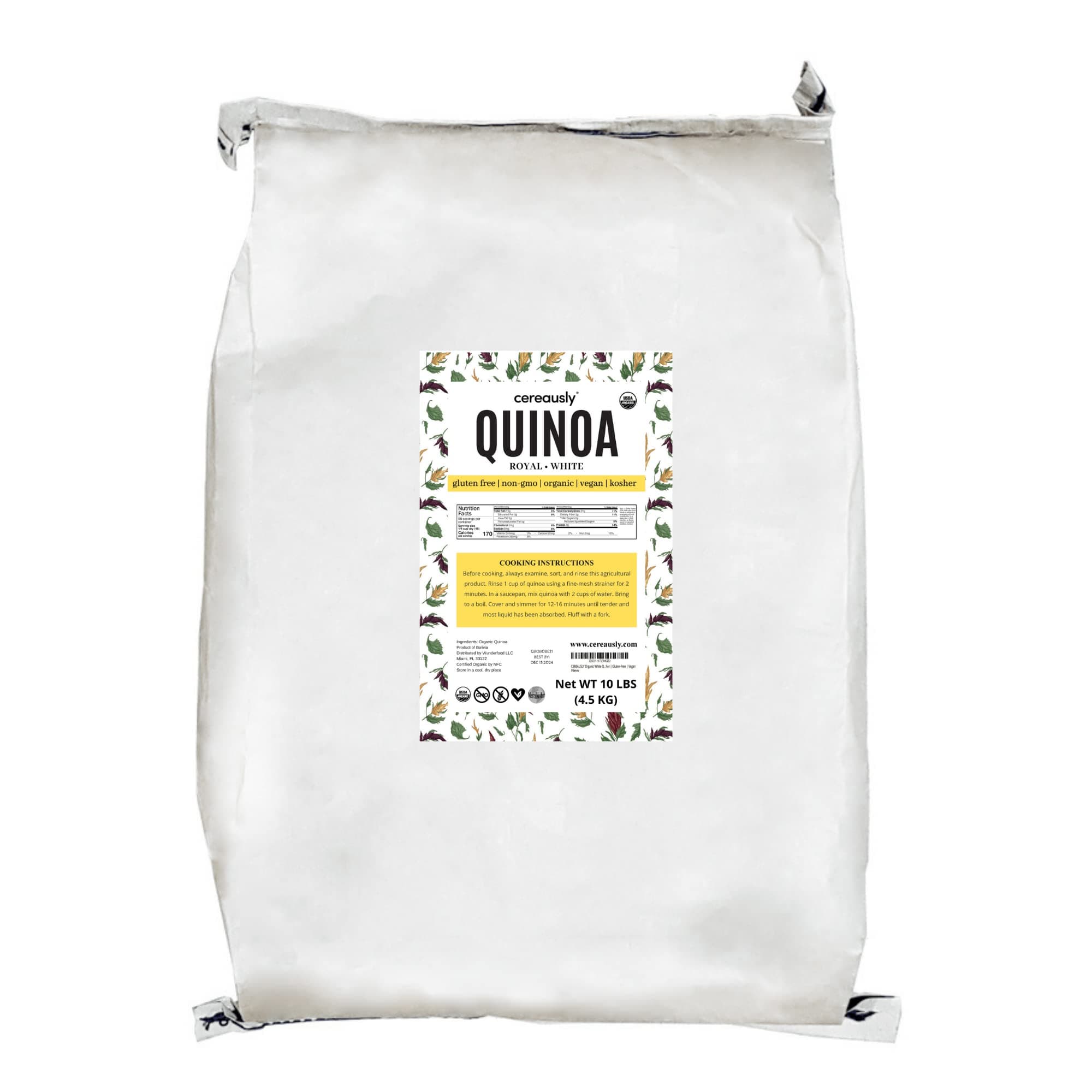 CEREAUSLY Organic White Quinoa – Premium Royal Quinoa from Bolivia – Kosher and Non-GMO Quinoa Bulk – Vegan and Gluten-Fee Cooking Quinoa – 10 LB