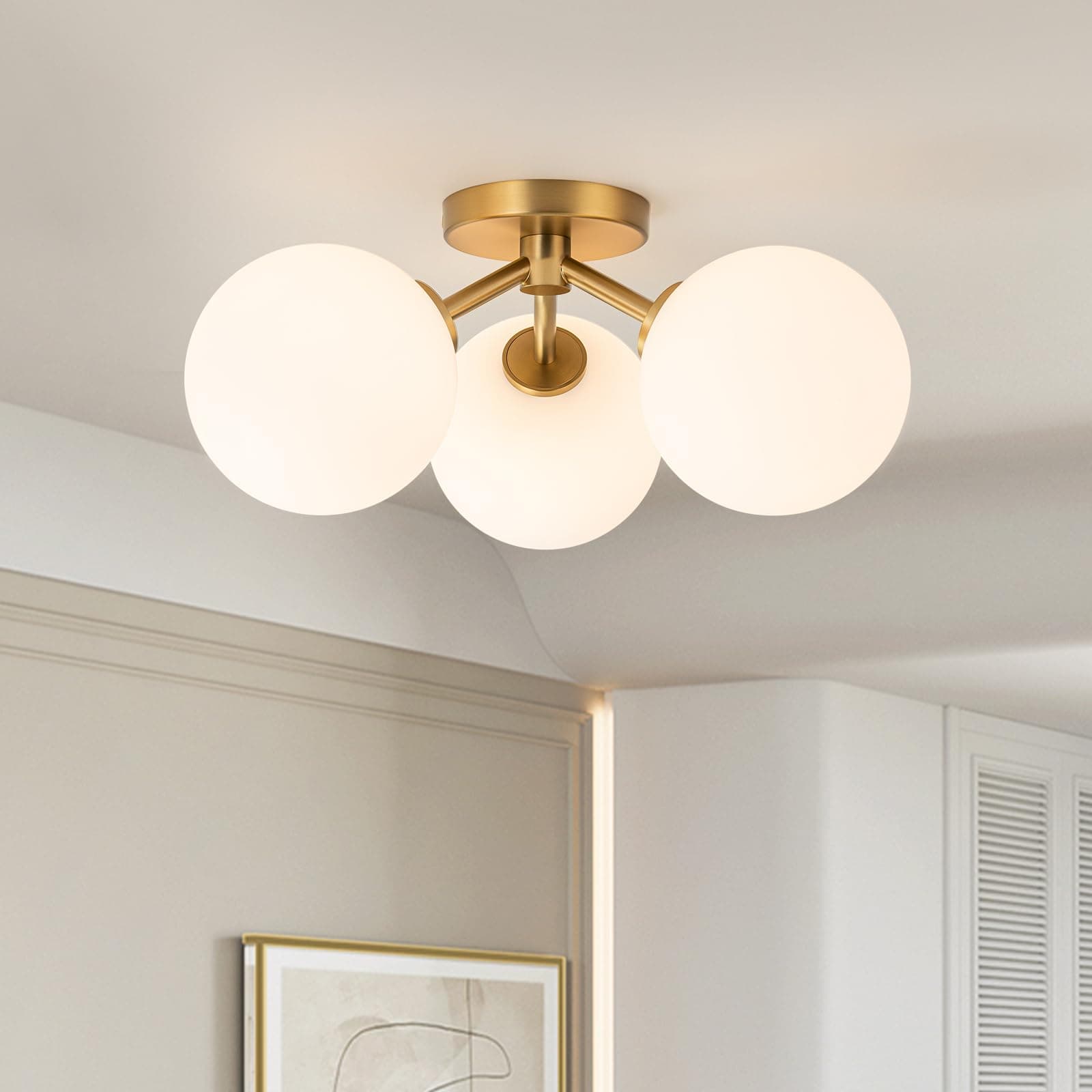 Mid Century Modern Gold Semi Flush Mount Ceiling Light Fixture 3 Light 18 inch, Globe Light Fixtures for Bedroom,Entryway,Hallway,Living Room,Kitchen,Dining Room