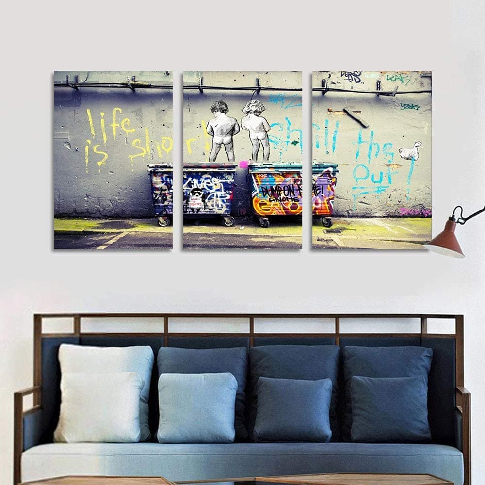 Banksy Graffiti Canvas Wall Art: Life Is Short Pop Street Banksy Art Wall Decor 20"x30"x3 Panels Framed Paintings