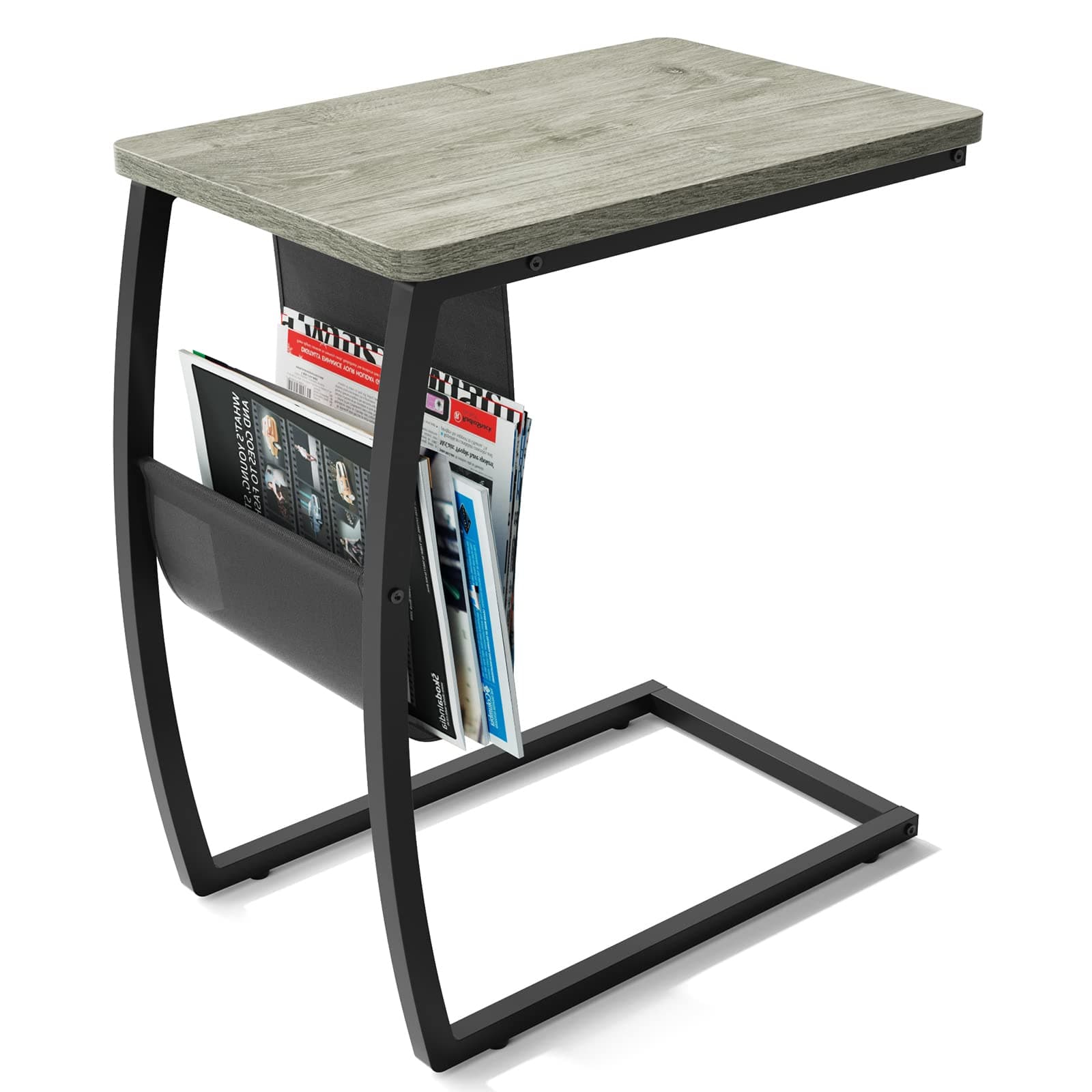 SRIWATANA Side End Tables Living Room, Vintage C-Shaped Laptop Table for Couch, Snack Table with Side Pocket, Light Grey