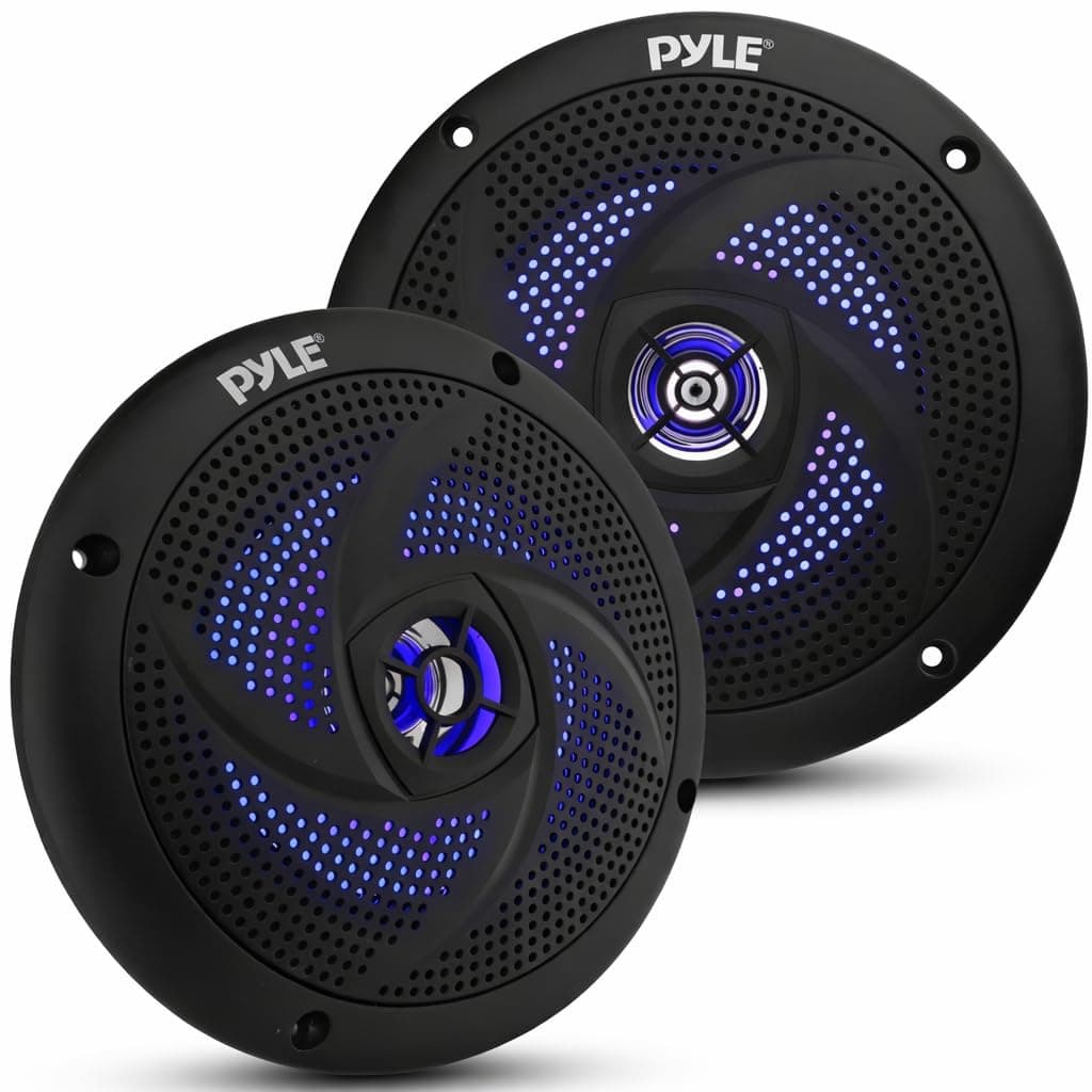 Pyle Marine Waterproof Speakers 6.5” - Low Profile Slim Style Wakeboard Tower and Weather Resistant Outdoor Audio Stereo Sound System with LED Lights and 240 Watt Power - 1 Pair in Black - PLMRS63BL