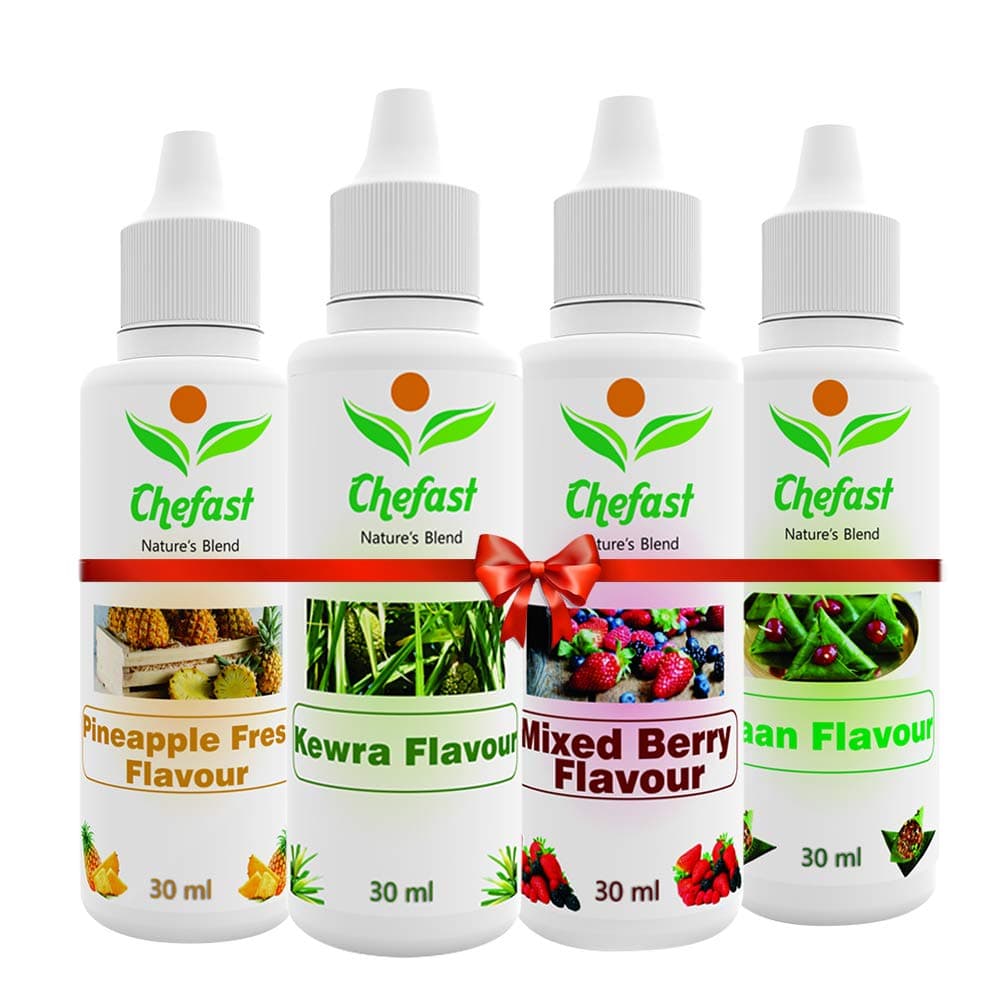 Chefast Pack of 4 Baking Essence Flavour of Kewra, Paan, Pineapple Fresh, Mixed Berry for Cake, Ice-Cream, Milkshakes- 30ML ( Use 2-3 Drops Essence for 250 Grm Cake) This is Flavour only,Not a Color