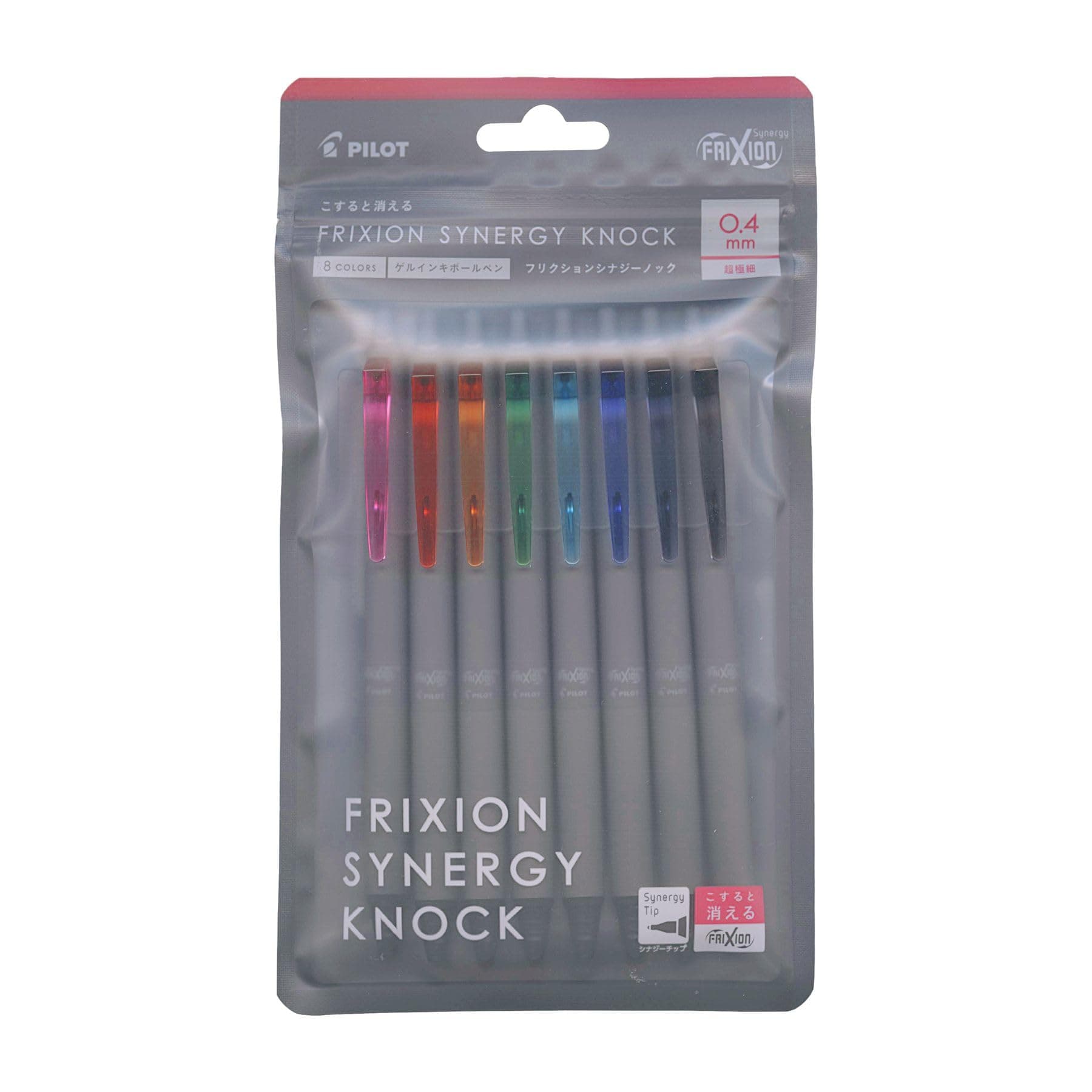 Frixion Synergy Knock, 8 Color Set, Slide Clicker Retractable Erasable Gel Ink Pens with Synergy Tip, Refillable Extra Fine Point 0.4mm, 8-Pack, Assorted Colors, LFSK-14-8C