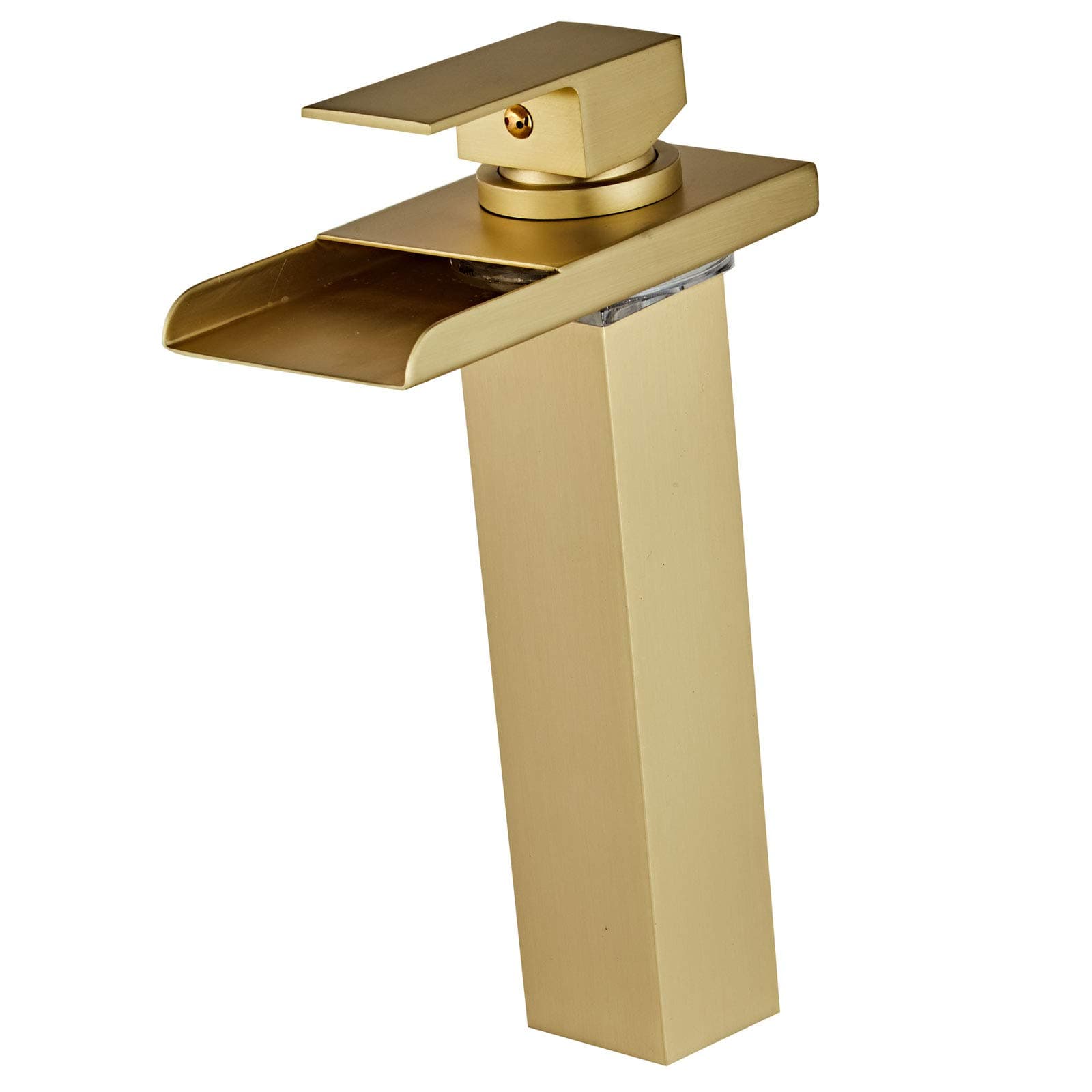 Wovier Matte Gold LED Waterfall Spout Bathroom Sink Faucet with Supply Hose,Single Handle Single Hole Vessel Lavatory Faucet,Slanted Body Basin Mixer Tap Tall Body Commercial