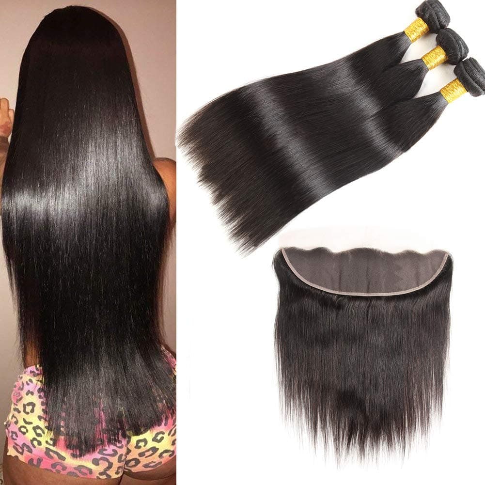 Huarisi 8a Brazilian Straight Hair and Lace Frontal Free Part Ear To Ear Closure with 3 Bundles Long Virgin Hair Extensions Mixed Length Human Hair 22 24 26 + 20in Frontal
