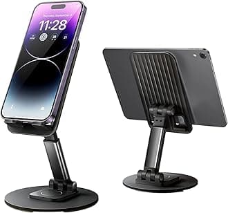 INFOSUN Cell Phone Stand Phone Holder for Desk, Rotatable Adjustable Height Mobile iPhone Stand, Table Portable Foldable Stand for Most Phones, iPhone 14 series, Samsung Galaxy, Tablet/iPad (Black)