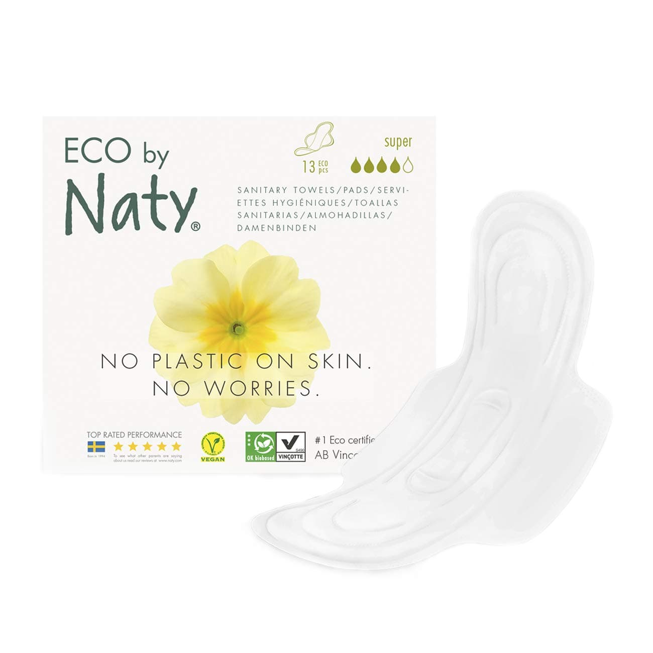 Eco by Naty Sanitary Pads – Super, 13 pads, Extra Absorbent, Plant-Based Thin Sanitary Pads. Vegan. 0% plastic