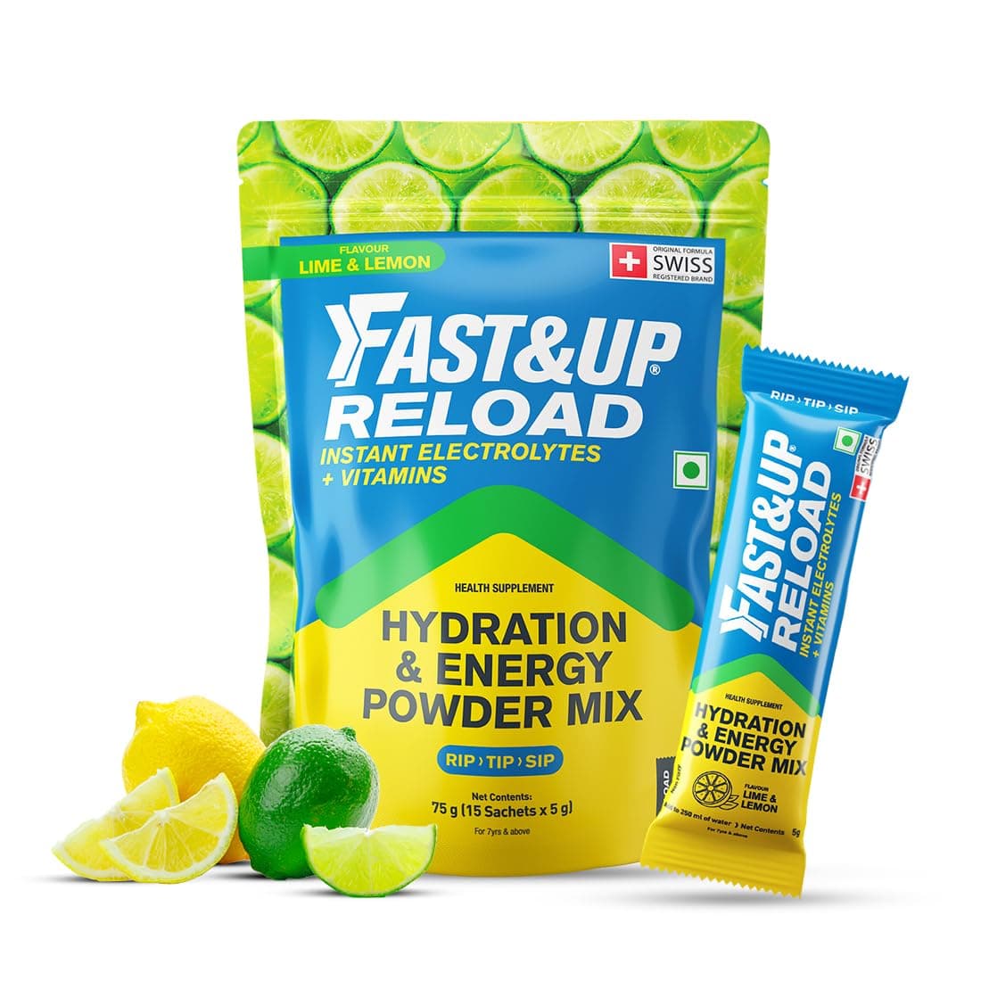 Fast&Up Reload Energising Electrolyte Powder Drink Mix – Pack of 15 sachets- Travel Friendly Hydration & Energy Drink, 5 Essential Electrolytes + 2 Added Vitamins - Refreshing Lime and Lemon Flavour