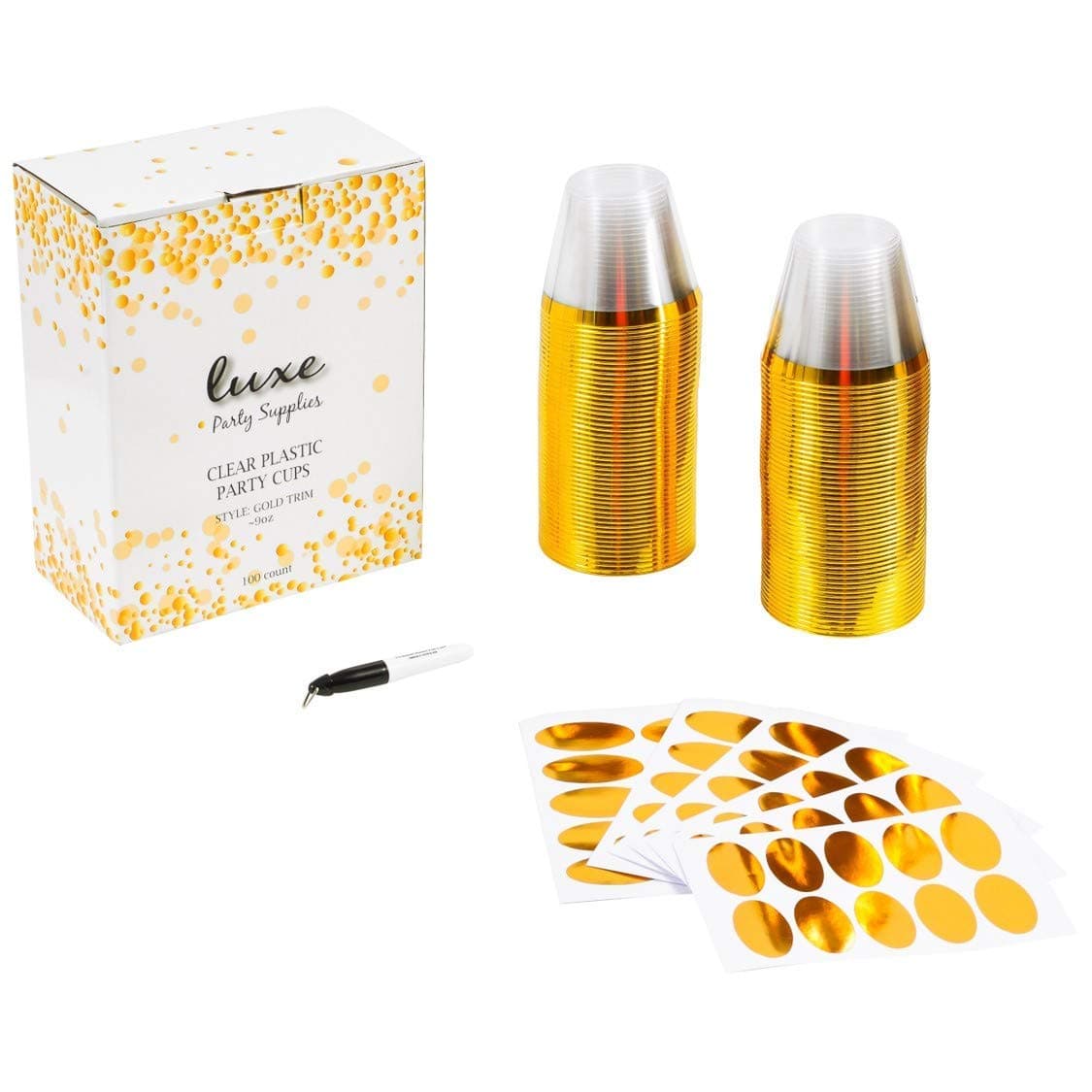 100 Gold Rimmed Plastic Cups With 100 Labels ~ Fancy Wedding Party Cups ~ 9 Ounce Disposable Wine Glasses ~ Old Fashioned Bar Tumblers with Gold Trim