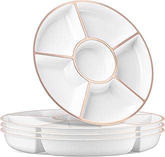 6 Sectional Round Plastic Serving Tray/Platter (8, White & Rose Gold)