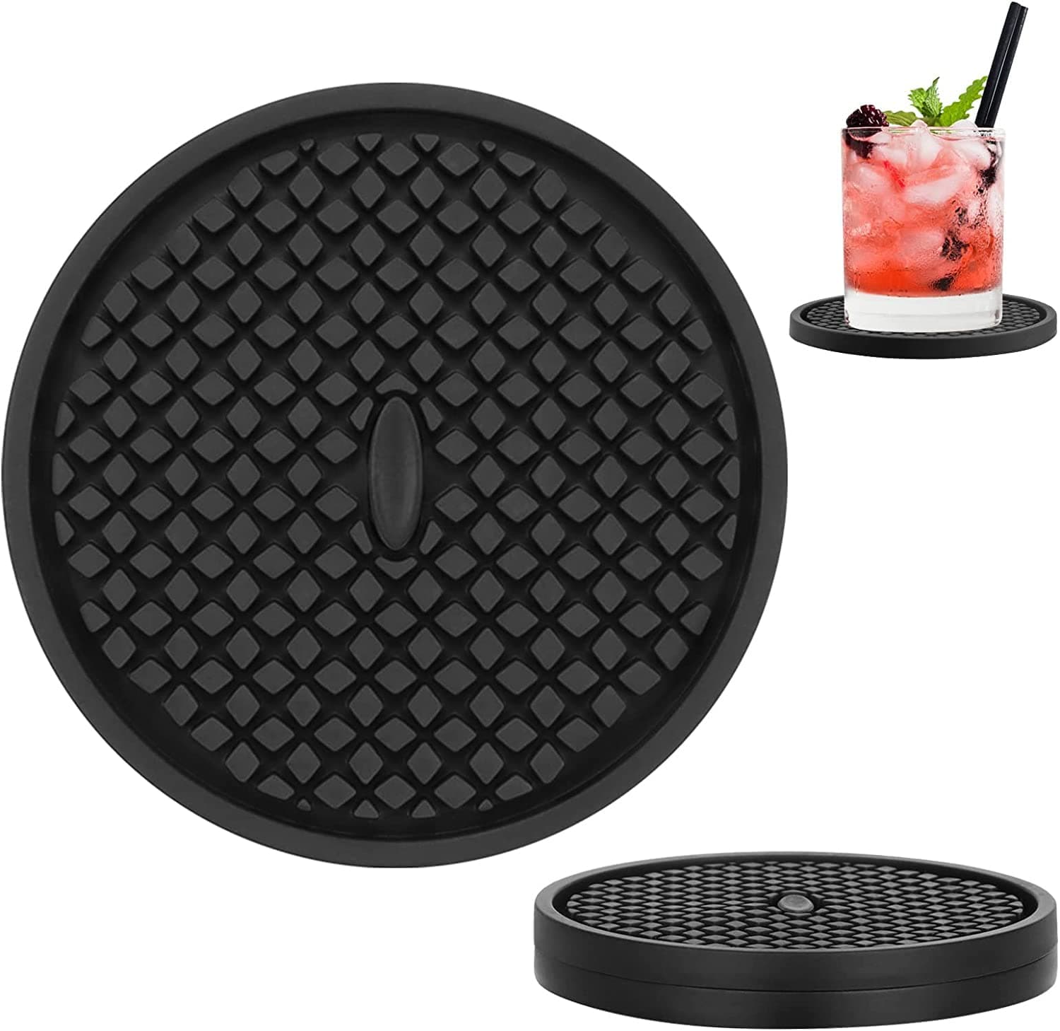 Silicone Coasters for Drinks, Reusable Washable Drink Mats for Coffee Mug Wine Glass Beer Bottle, Absorbent Non-Slip Heat Resistant Waterproof Cup Mats for Home Kitchen Office Bar(black-2pack)