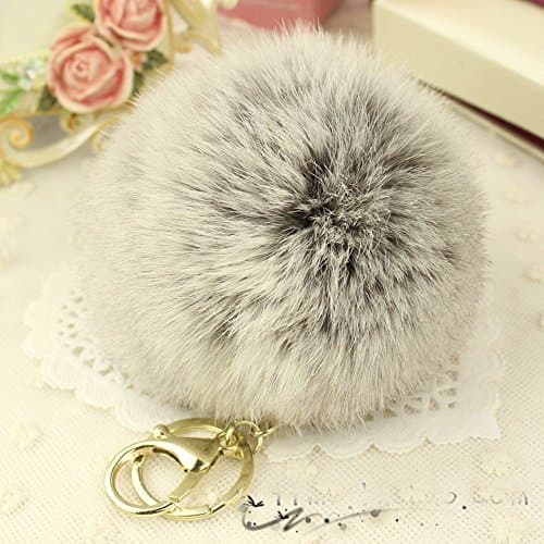 Amazing Look Gold Plated Keychain Cute Genuine Rabbit Fur Ball Pom Pom Furry Keychain for Car Key Ring Handbag Tote Bag Pendant Charm
