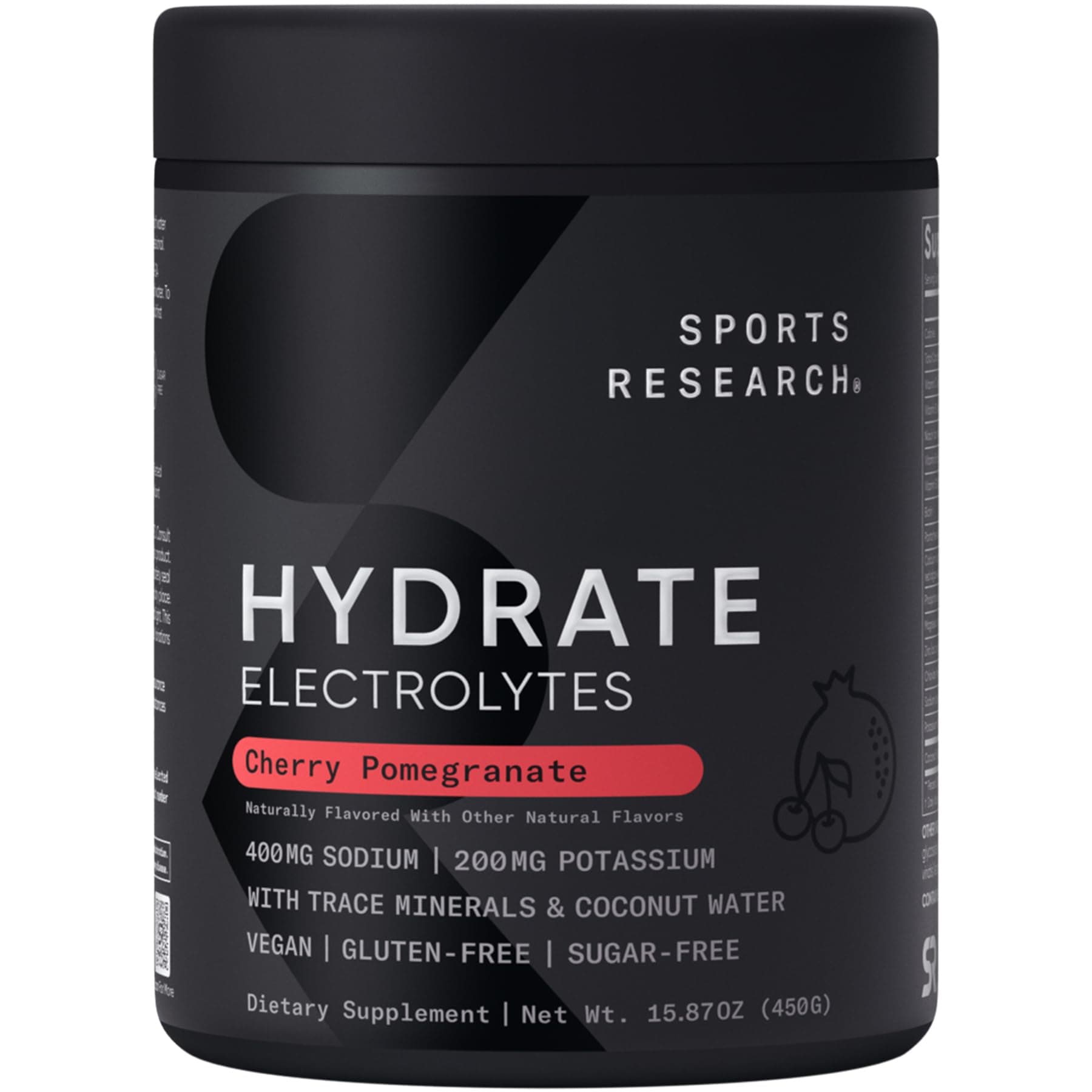 Sports Research® Hydrate Electrolytes Powder - Sugar-Free & Naturally Flavored with Vitamins, Minerals, and Coconut Water - Supports Hydration - Cherry Pomegranate - 90 Servings