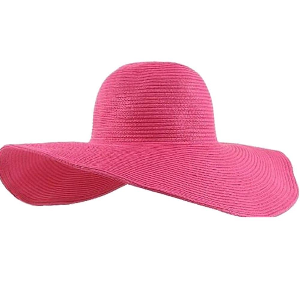 Nsstar Women's Ridge Wide Floppy Brim Summer Beach Sun Hat Straw Cap Party Garden Travel (Wide Brim:Hot Pink)