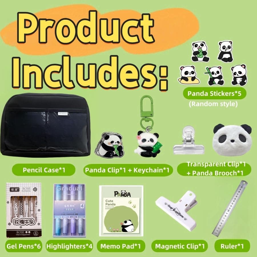 Kawaii Aesthetic Pencil Case 23PCS Set - Large Capacity Cute Pen Pouch Bag, Contains 10 Kinds of Accessories: 6 Pens, 4 Highlighters, Clips, Ruler and Cute Panda Brooches, Stickers, Pendants (Black)