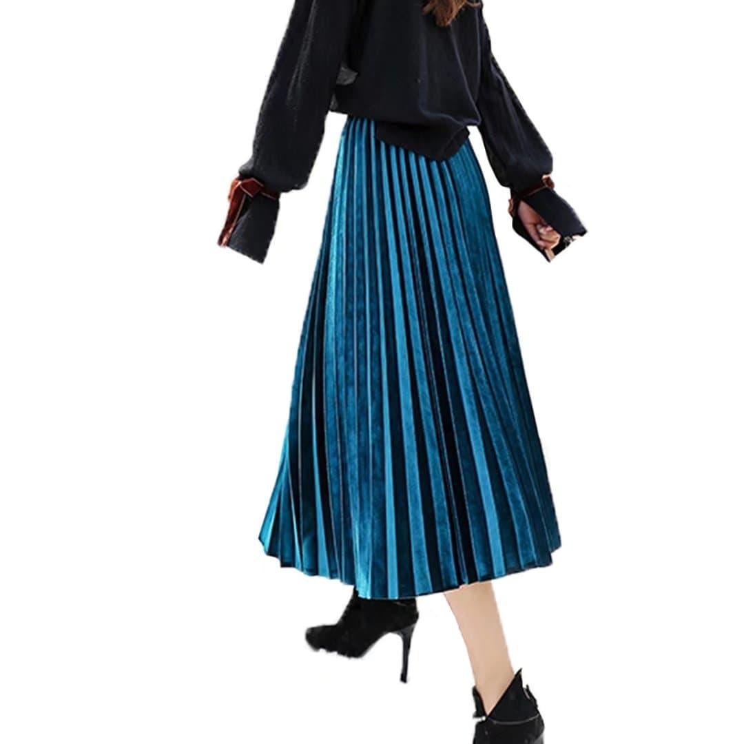 Tifus Dress Women's Vintage Luster Elastic Waist Velvet A-line Pleated Midi Skirt, A-blue, One Size