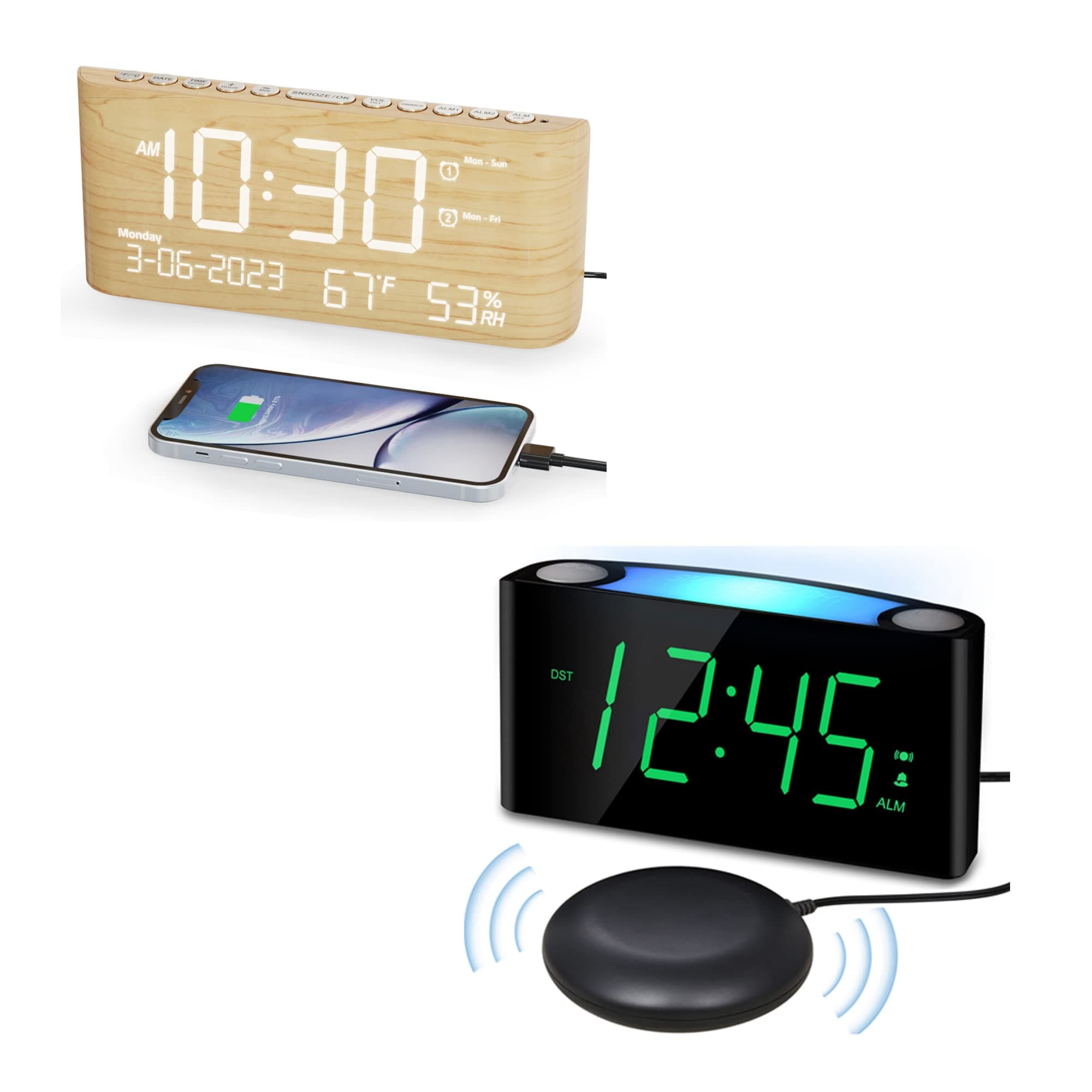 PPLEELarge Display Digital Calendar Dual Alarm Clock with Temperature Humidity + Extra Loud Vibrating Alarm Clock with Bed Shaker