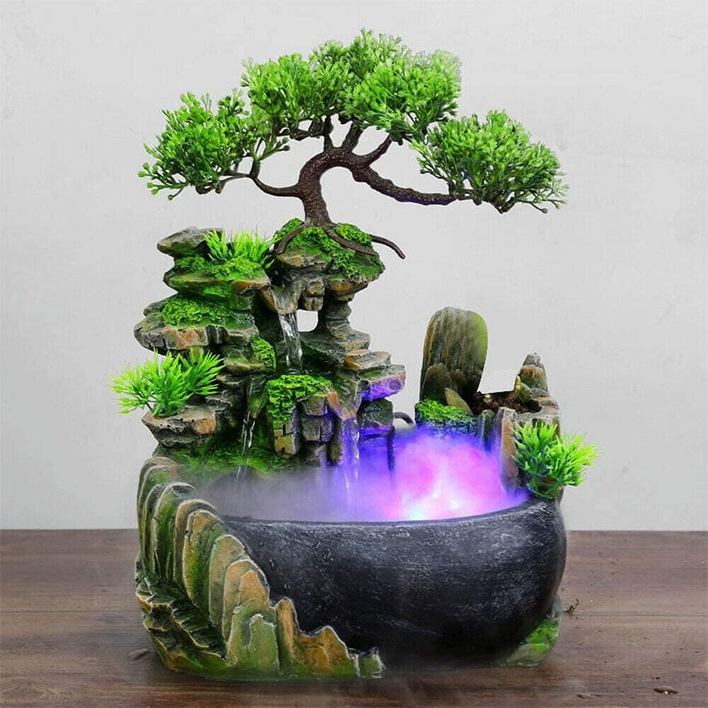 Tabletop Rockery Fountain Indoor Waterfall Bonsai Desktop Mini Rockery Water Fountain with Automatic Pump and LED Light, Home Office Bedroom Humidifier Desk Decorate (Style 1)