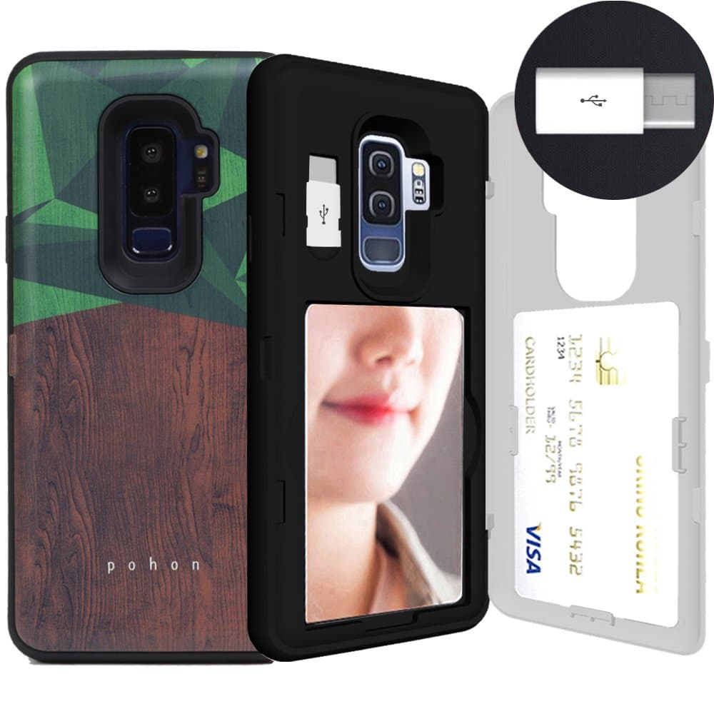 Galaxy S9 Plus, SKINU S9 Plus Wallet Charger Dual Layer Hidden Credit [S9 Plus Card Case] Holder ID Slot Card Case with Inner USB Type C Adapter and Mirror for Samsung Galaxy S9 Plus (2018) - Wood
