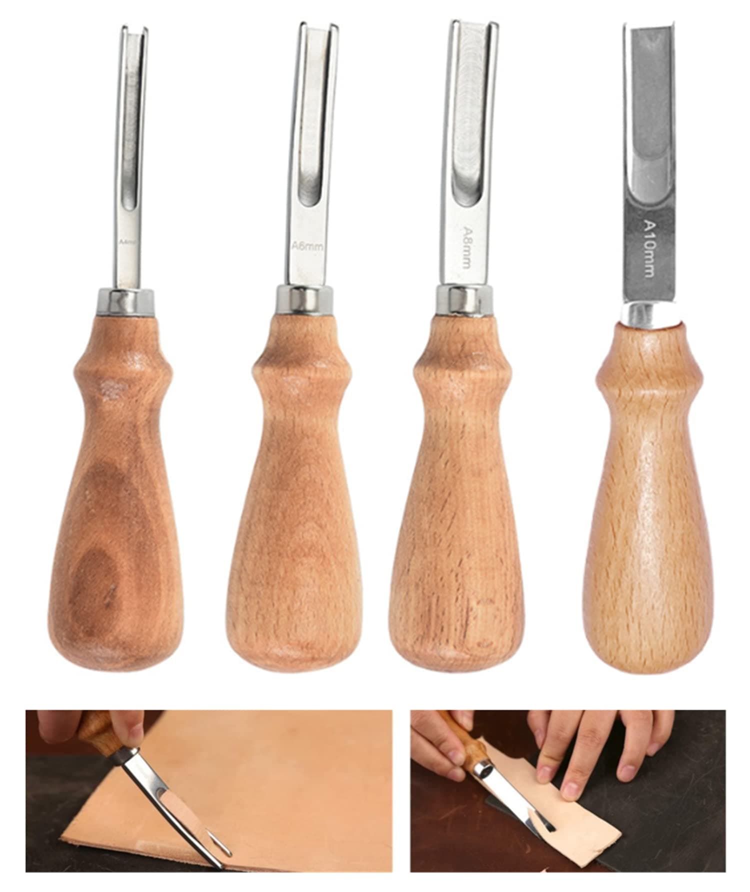 Leather Edge Skiving Beveler Tool Set, French Beveler,Wide Mouth Leathercraft Edge Skiving Beveler Leather Edge Trimmer with Wooden Handle Four Sizes(4mm,6mm,8mm and 10mm)