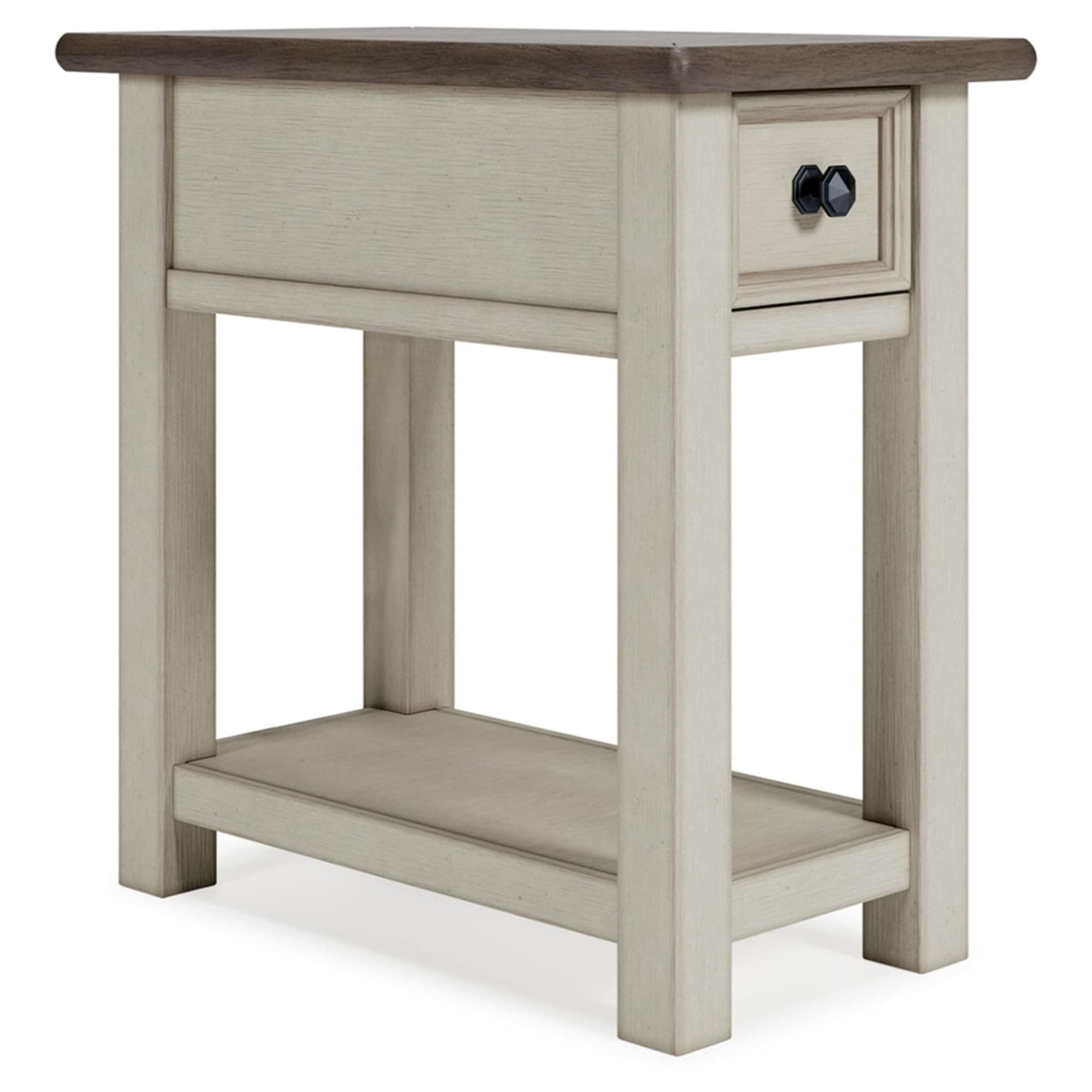 Signature Design by Ashley Bolanburg Chairside End Table With Charging Station, Two-Tone Wood Accent Table With Drawer Storage, Plank Top Design for Living Room or Bedroom, Antique White