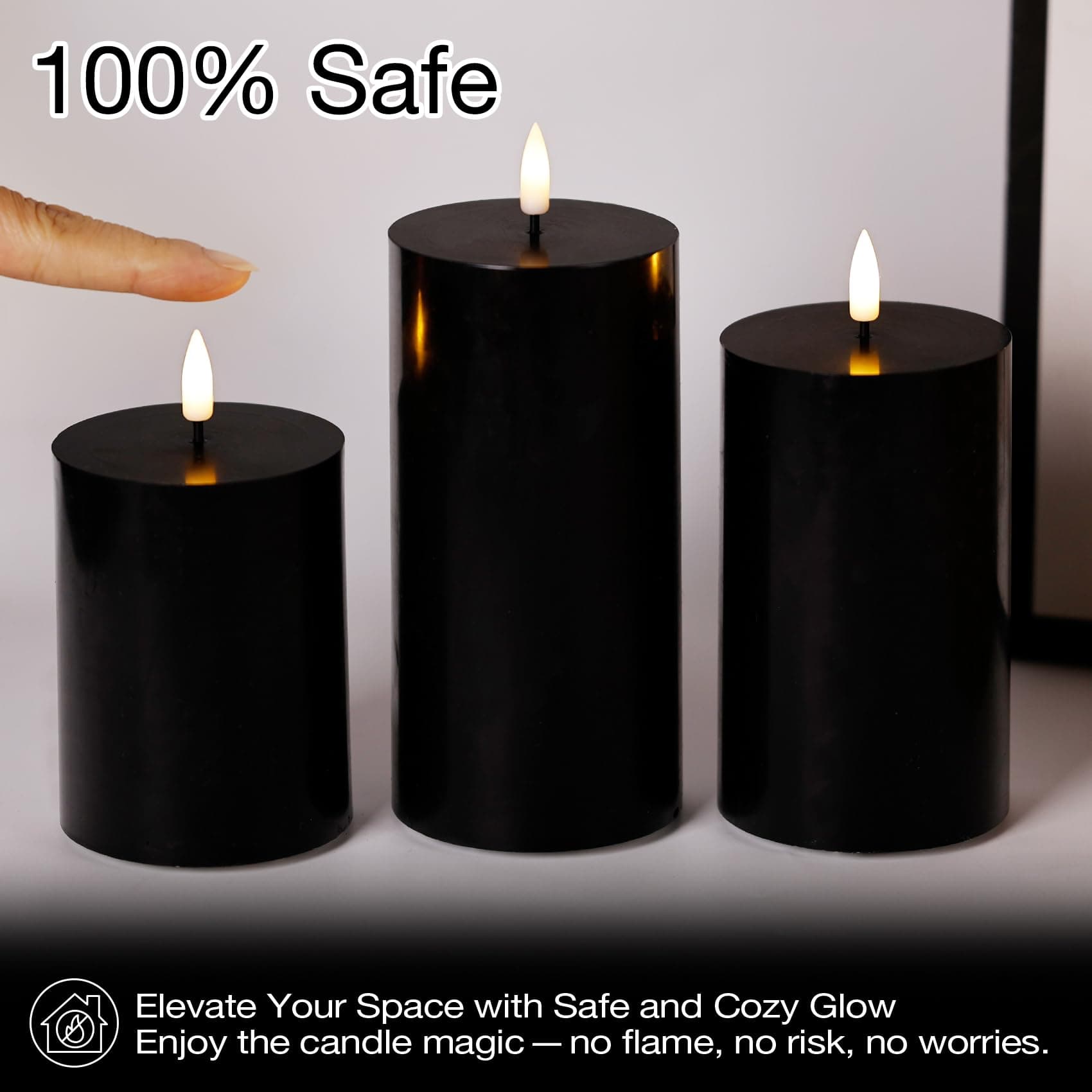 Eywamage Black Flameless Halloween Pillar Candles with Remote, Real Wax Flickering LED Battery Candles Set of 3