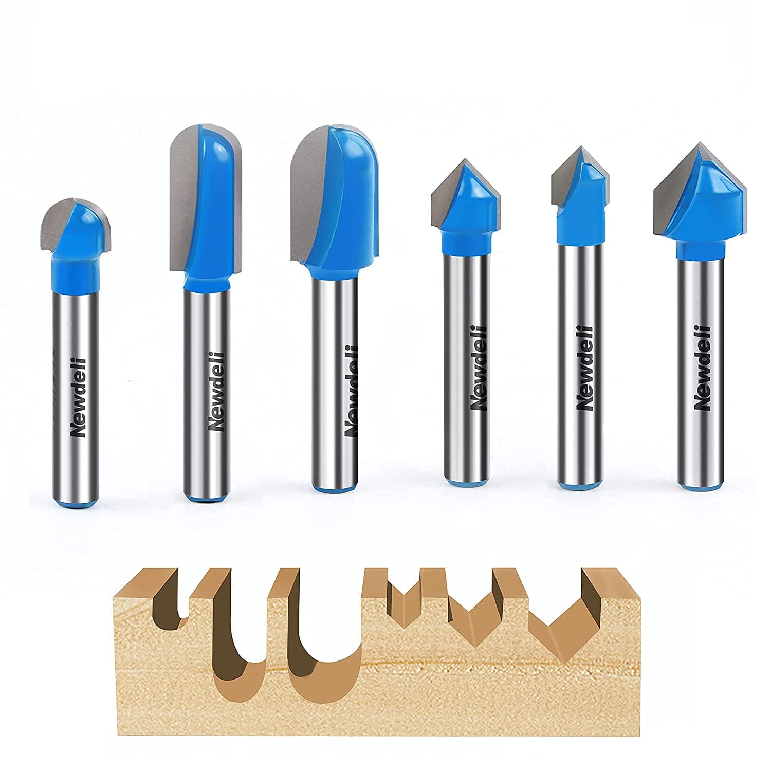 Newdeli 6Pcs Round Nose Router Bit and 90 Degree V Groove Router Bit Set 1/4" Shank Cove Box Router Bits Juice Groove Router Bits CNC Woodworking Tool
