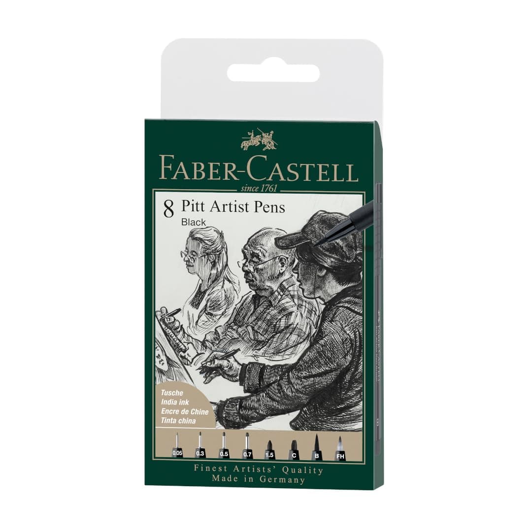 Faber-Castell PITT Artist Pen India Ink Pen - wallet of 8 - colour 199 black - XXS, S, F, M, B, C, 1.5, Fude Hard, (167158)