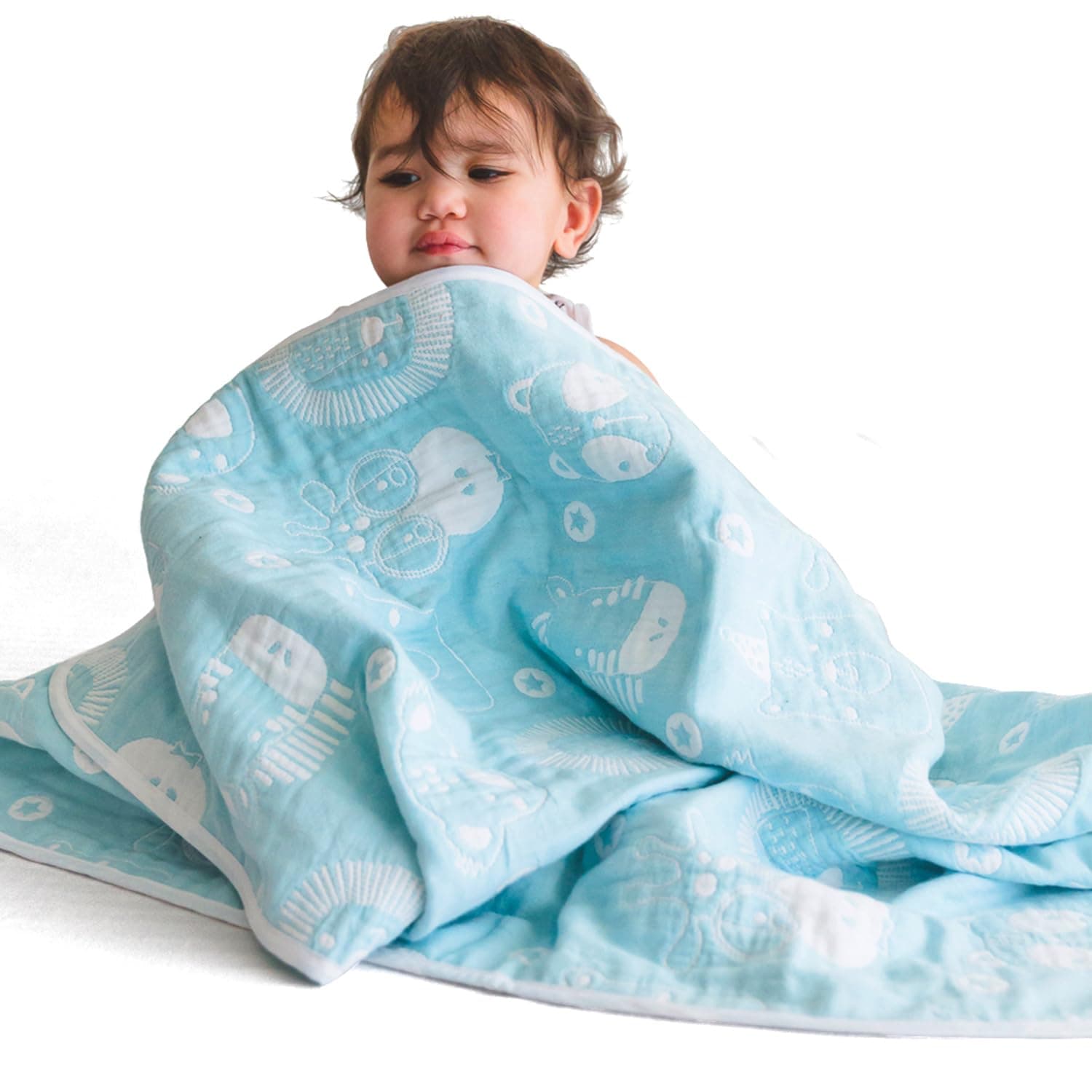 TIDY SLEEP Baby Blankets 6 Layer Wraper 100% Cotton Stroller Cover Receiving Blankets, Blue (100 Cm X 90 Cm), Breathable