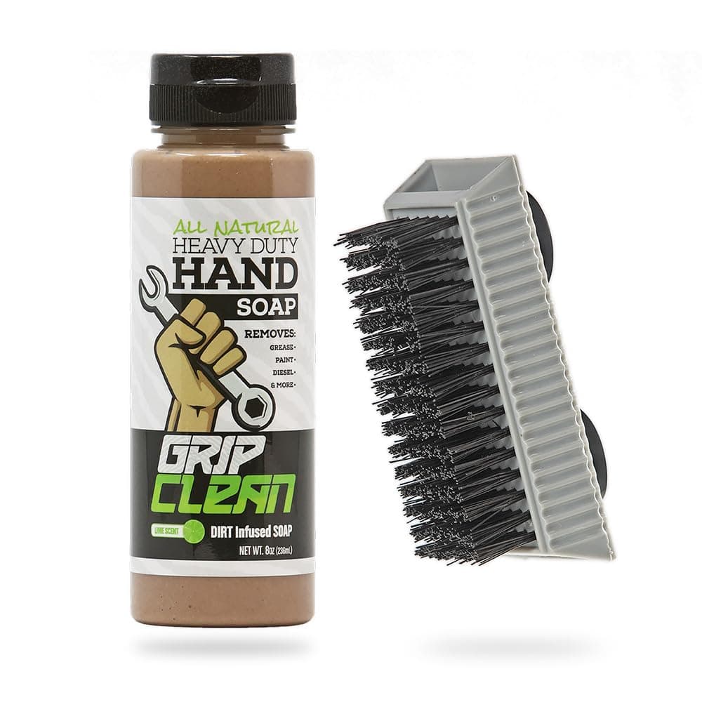 Grip CleanSqueeze Bottle & Brush Combo - Heavy-Duty Degreaser Hand Cleaner & Nail Brush Set - Tackle Grease, Oil, & Grime with Natural Pumice Soap & Nail Cleaning Scrub for Clean Hands & Nails