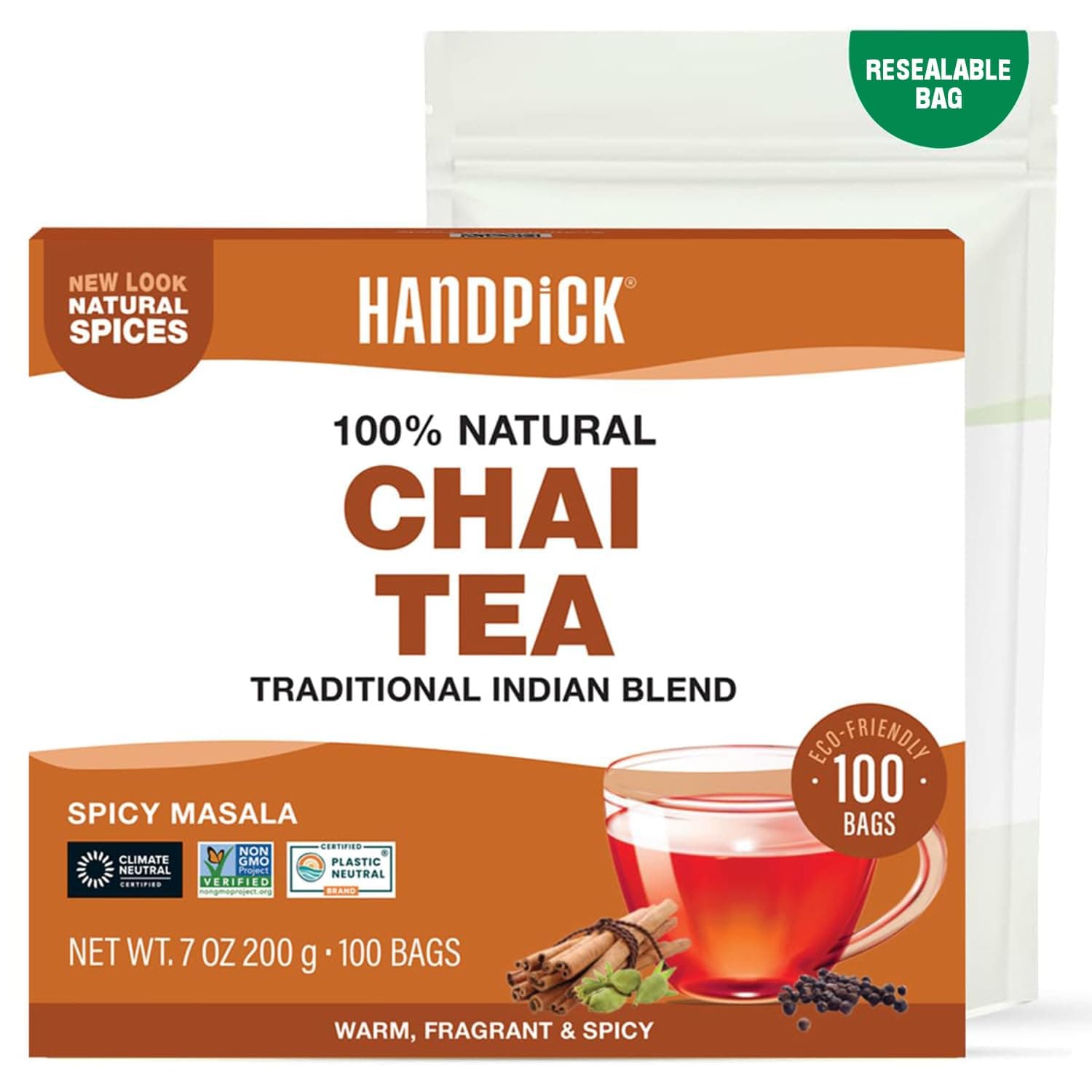 Masala Chai Tea Bags (100 Count) Strong Robust & Aromatic, Blended with Exotic Spices, Cinnamon, Black Pepper, Cloves & Cardamom - Premium Quality Eco-conscious Round Bags