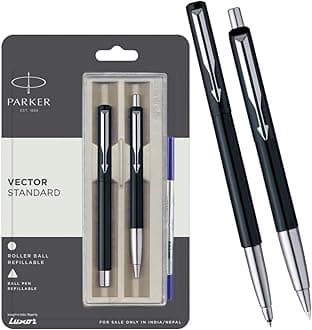 Parker Vector Standard Chrome Trim Roller Ball Pen + Ball Pen| Black Body Color | Gift For Employees | Pen For Corporate