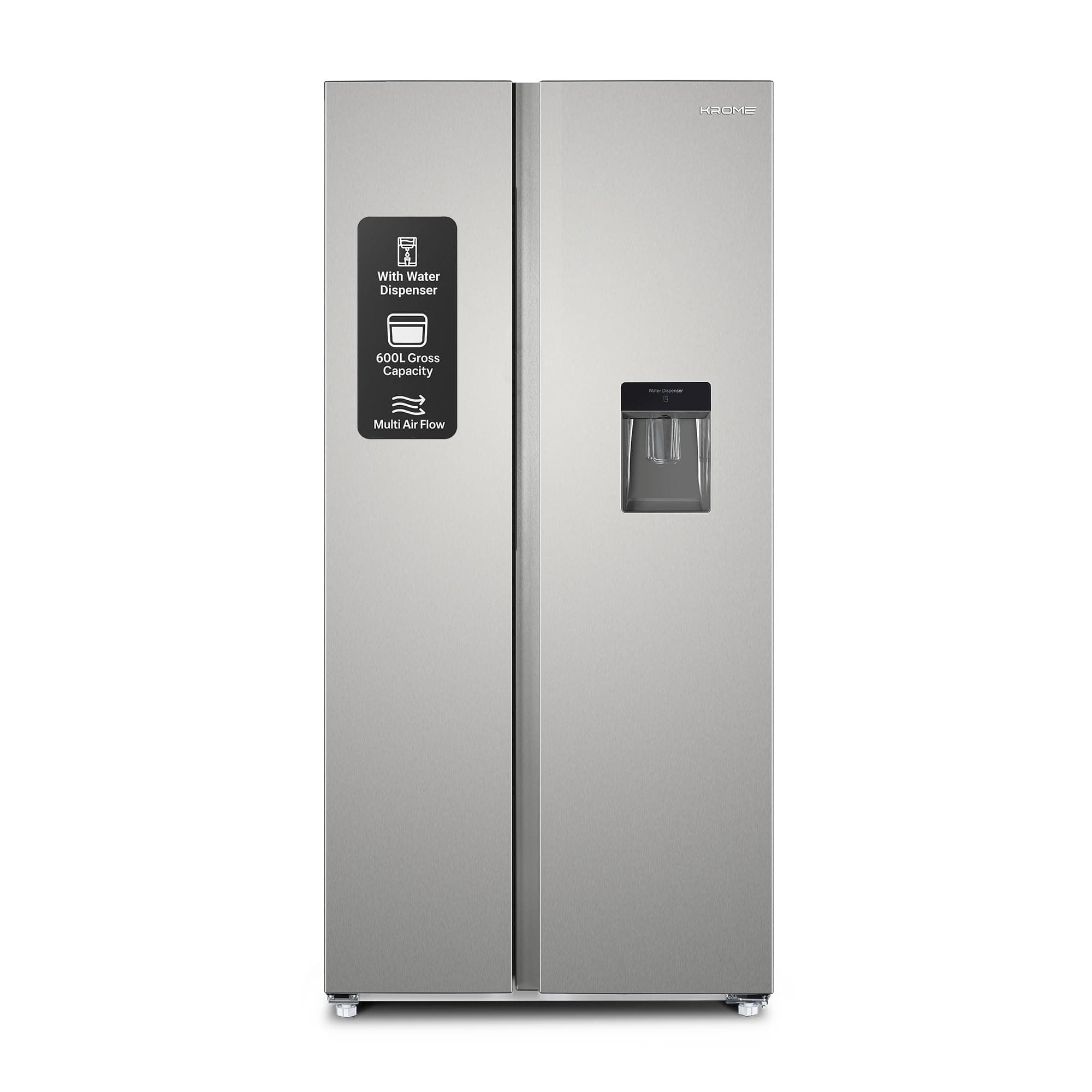 KROME 600Liters Gross,Side by Side Refrigerator with Water Dispenser,Multi Air Flow,Door Alarm,Recessed Handle,No Frost,Electronic Touch Temperature Control,INOX,10Year Compressor Warranty KR-SBS600WM