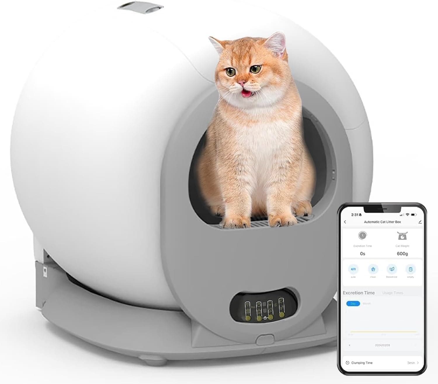 HENAE 65L Large Capacity Automatic Cat Litter Box with APP Control Self Cleaning Cat Litter Box, Anti-Pinch Safety Protection Odor-Removal Design, Automatic Litter Box for Multiple Cats, Quie (White)