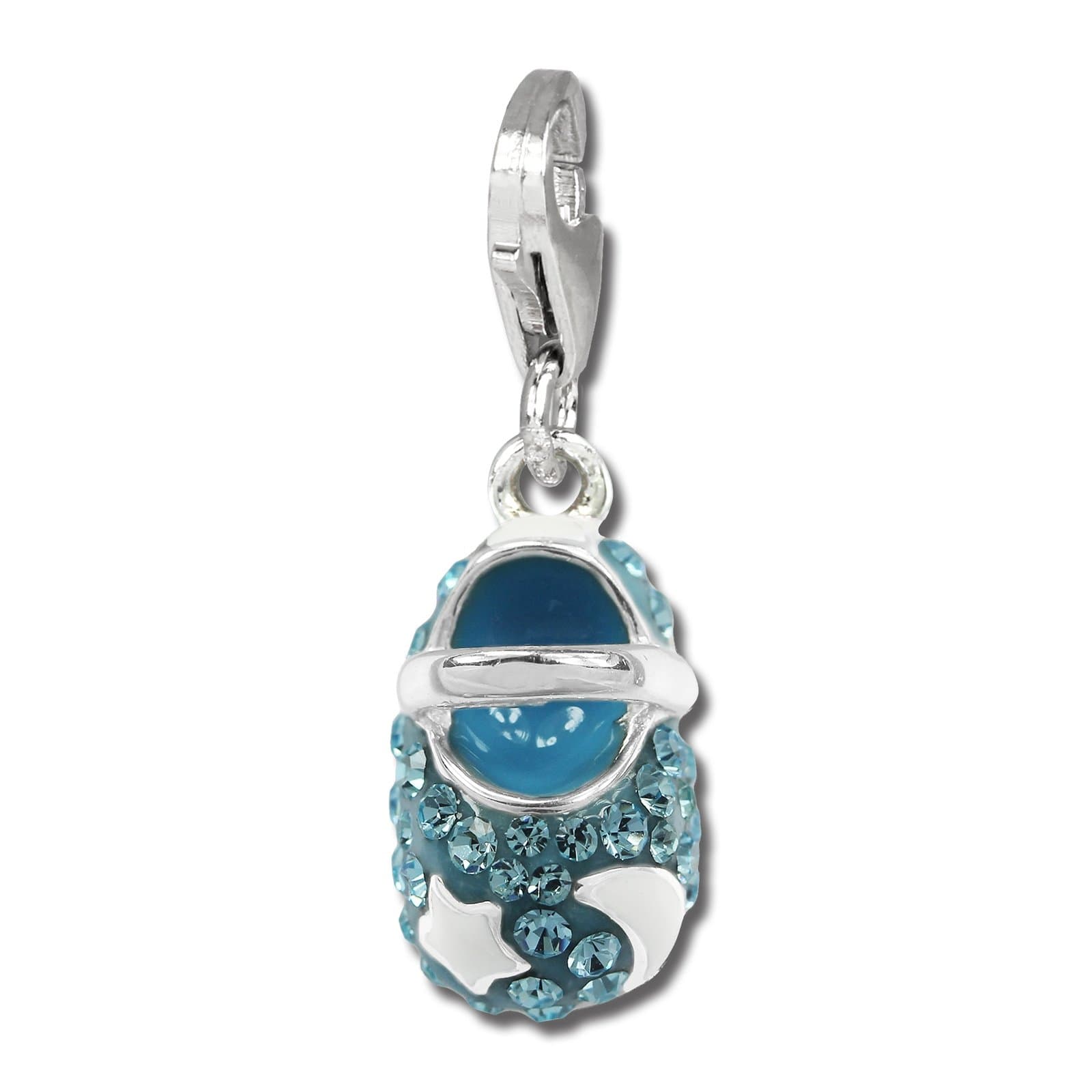 SilberDream Glitter Charm baby shoe with light blue Czech crystals, white enameled sun and moon 925 Sterling Silver Charms Pendant for Charms Bracelet, Necklace or Earring GSC554H
