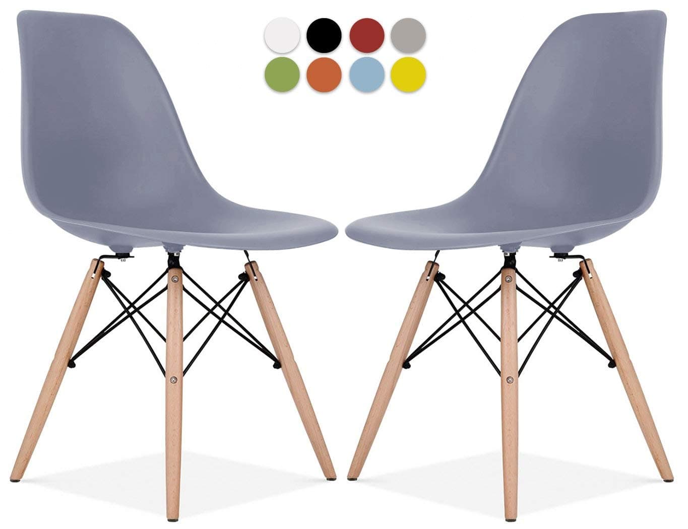 Eames Style Chair Set of 2 - Mid Century Modern Eames Molded Shell Chair with Dowel Wood Eiffel Legs - for Dining Room, Kitchen, Bedroom, Lounge - Easy-Assemble & Clean - Light Gray