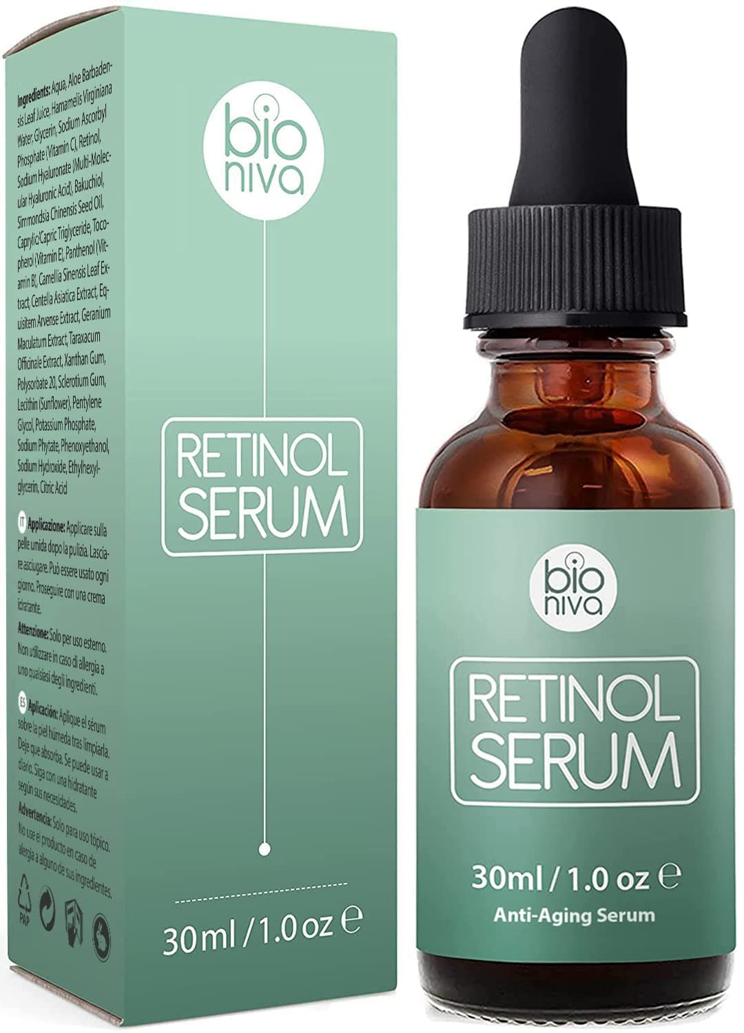 BIONIVA Natural Retinol Serum 0.25% – With Hyaluronic Acid, Vitamins C & E, Aloe Vera, and Jojoba Oil – Targets Fine Lines, Wrinkles & Uneven Tone – Fast-Absorbing, Vegan & Organic, 30 mL
