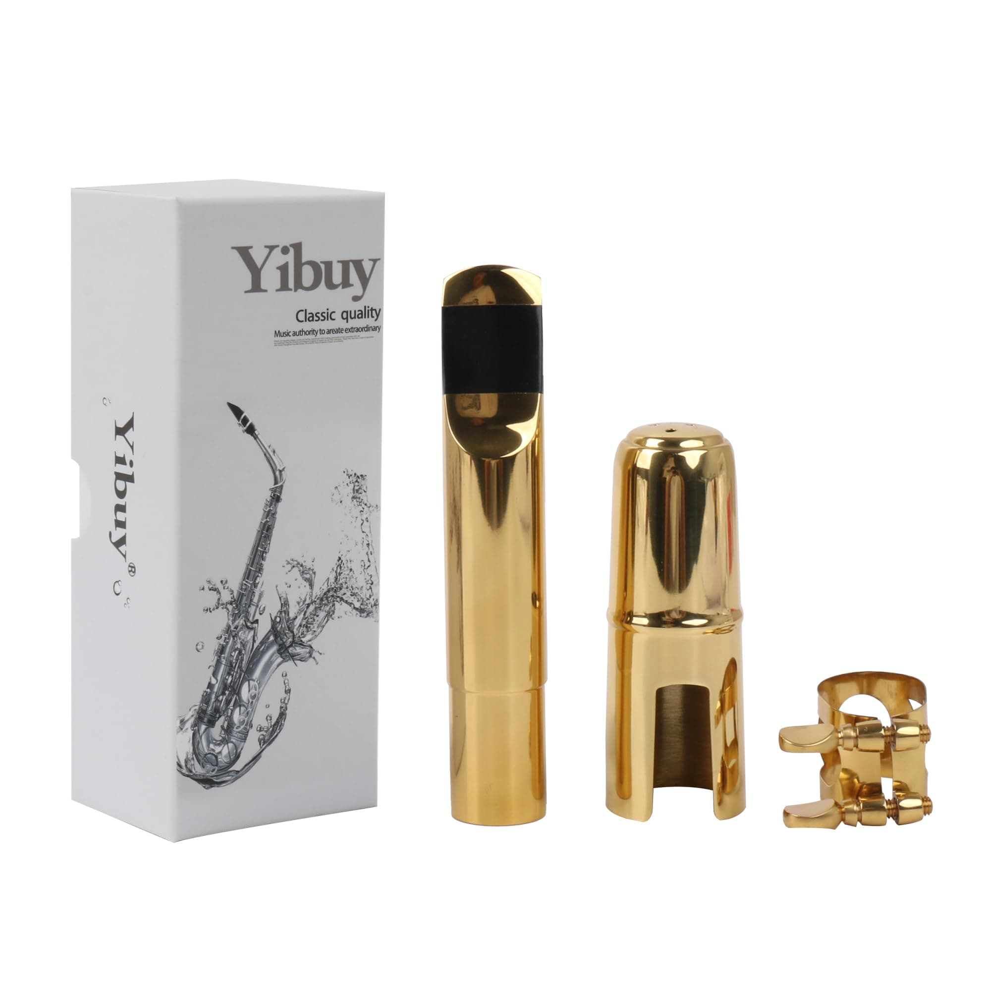 Yibuy B-flat Tenor Saxophone Metal Mouthpiece with Cap and Ligature Size #7 Golden