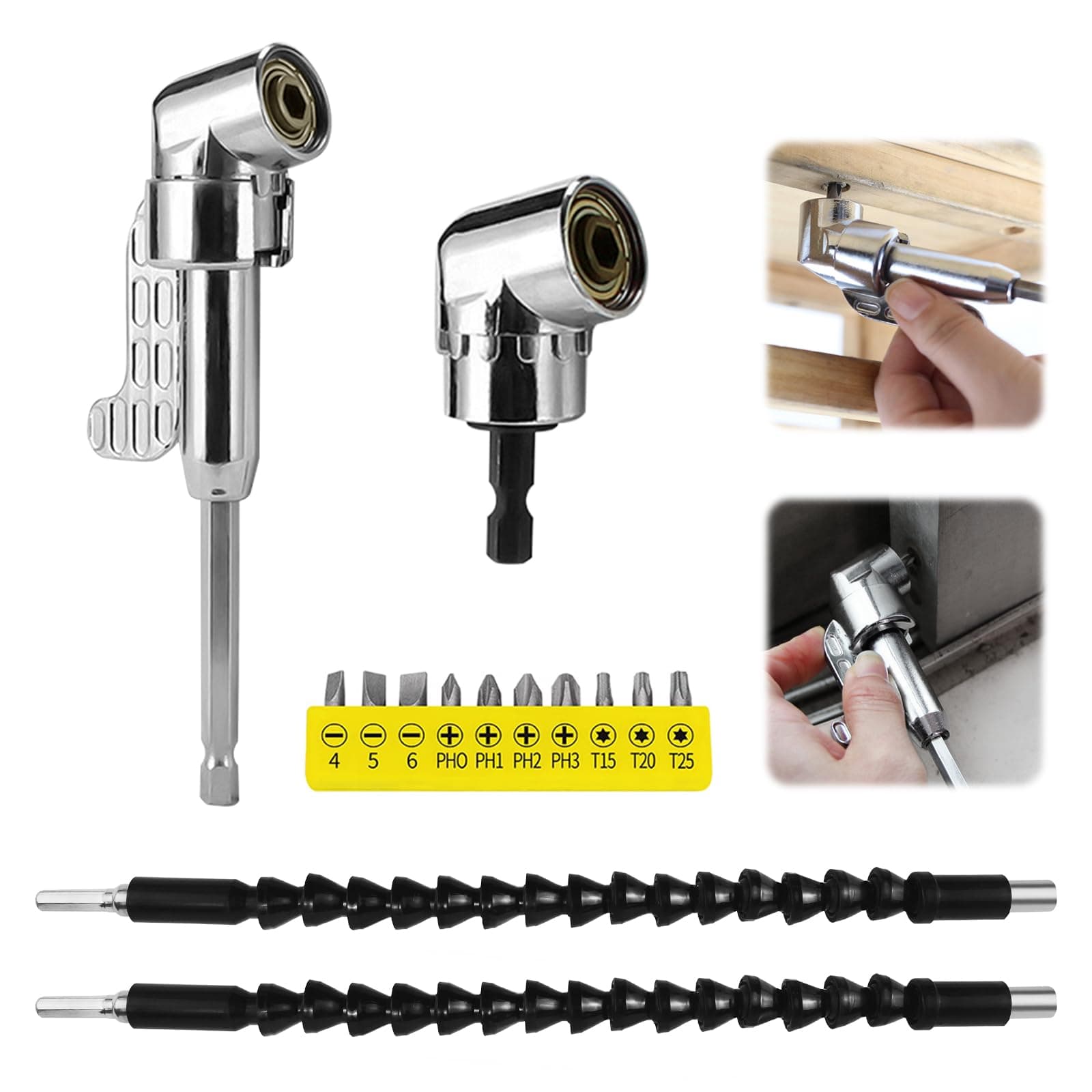 14 Pcs Right Angle Drill Attachment Kit, Flexible Drill Bit Screwdriver Extension, 105 Degree Drill Adaptor, Hex Shank Screwdriver Angled Bit, for Tight Corner Workspace Extension