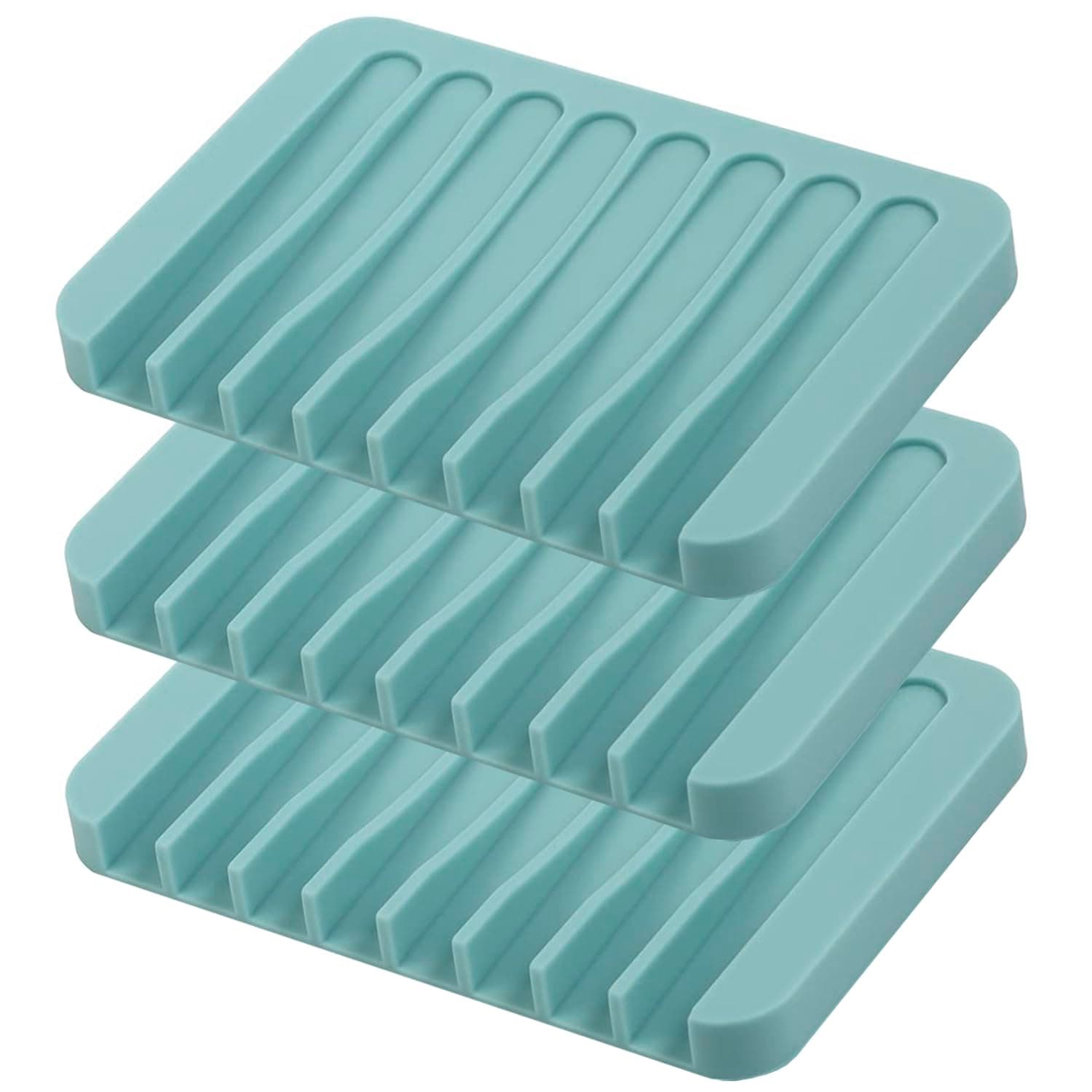 Self Draining Soap Dishes, 3 Pcs Silicone Soap Saver, Waterfall Drainer Soap Holder for Bathroom, Extend Soap Life, Keep Soap Bars Dry Clean & Easy Cleaning (Teal)