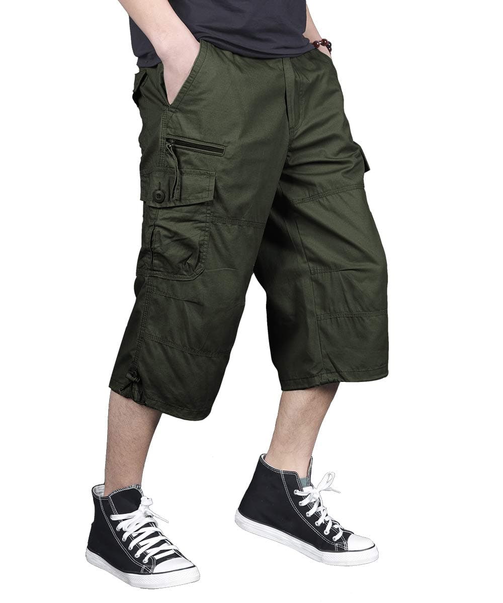 Men's 3/4 Long Cargo Shorts Loose Fit Elastic Waist Below Knee Work Tactical Shorts with Multi-Pockets