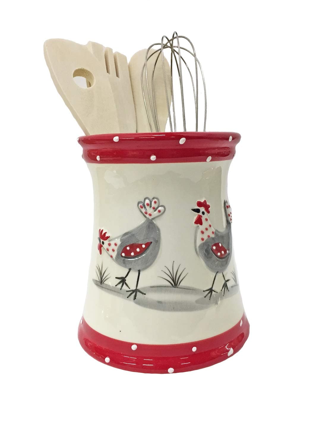 043510 White Ceramic Utensil Holder with Hen Design and 5 Utensils