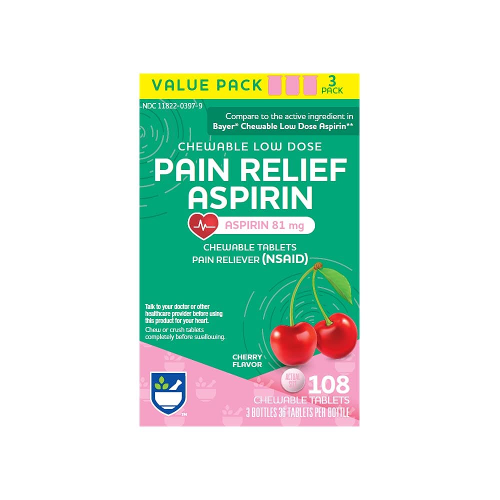 Rite Aid Adult Low Dose Aspirin 81 mg, Chewable Tablets Pain Reliever, Cherry Flavor, 3 Bottles, 36 Count Each (108 Count Total) | Chewable Aspirin Regimen | Headache Relief | Aspirin 81mg for Adults