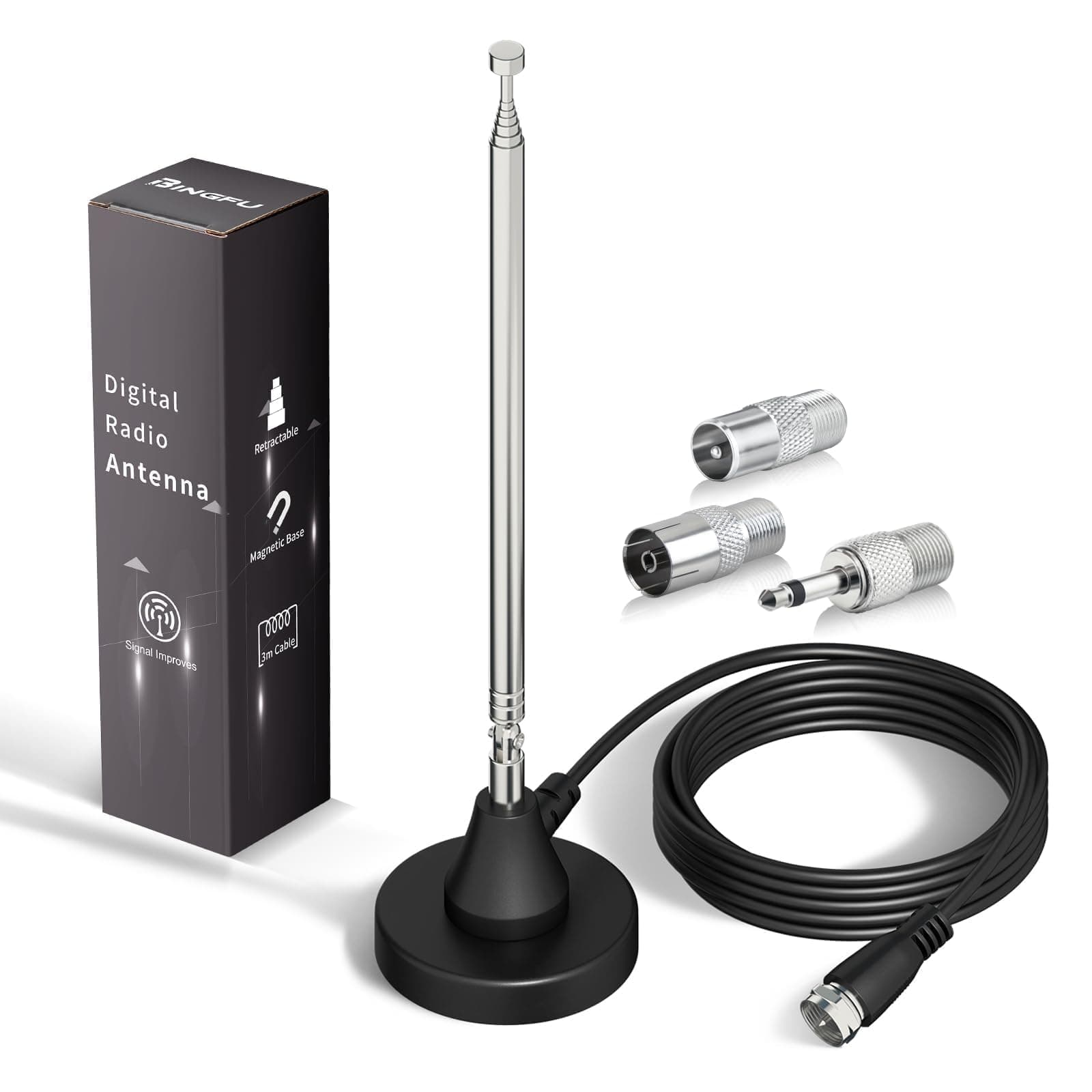 Bingfu DAB FM Radio Antenna Indoor Digital Telescopic Aerial with Magnetic Base 3m Extension Cable for 75 Ohm DAB+ FM Radio Home Stereo Receiver AV Audio Video Home Theater Receiver